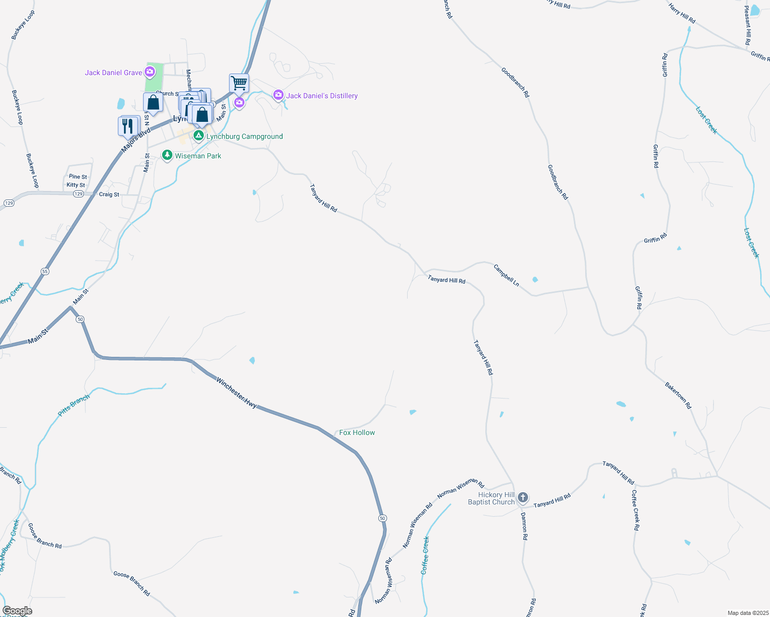 map of restaurants, bars, coffee shops, grocery stores, and more near in Lynchburg
