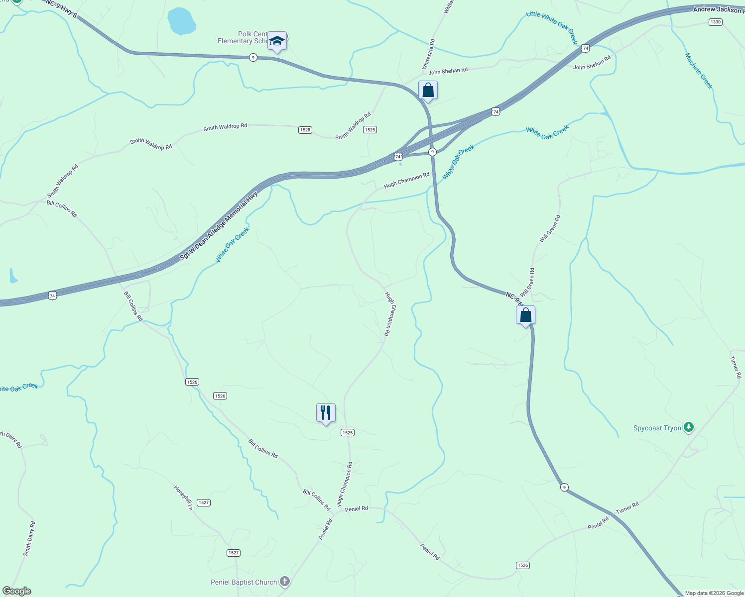 map of restaurants, bars, coffee shops, grocery stores, and more near 940 Hugh Champion Road in Tryon