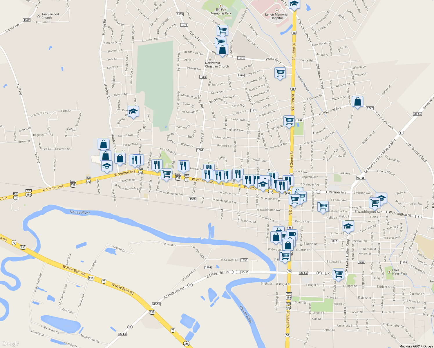 map of restaurants, bars, coffee shops, grocery stores, and more near 815 Nelson Street in Kinston