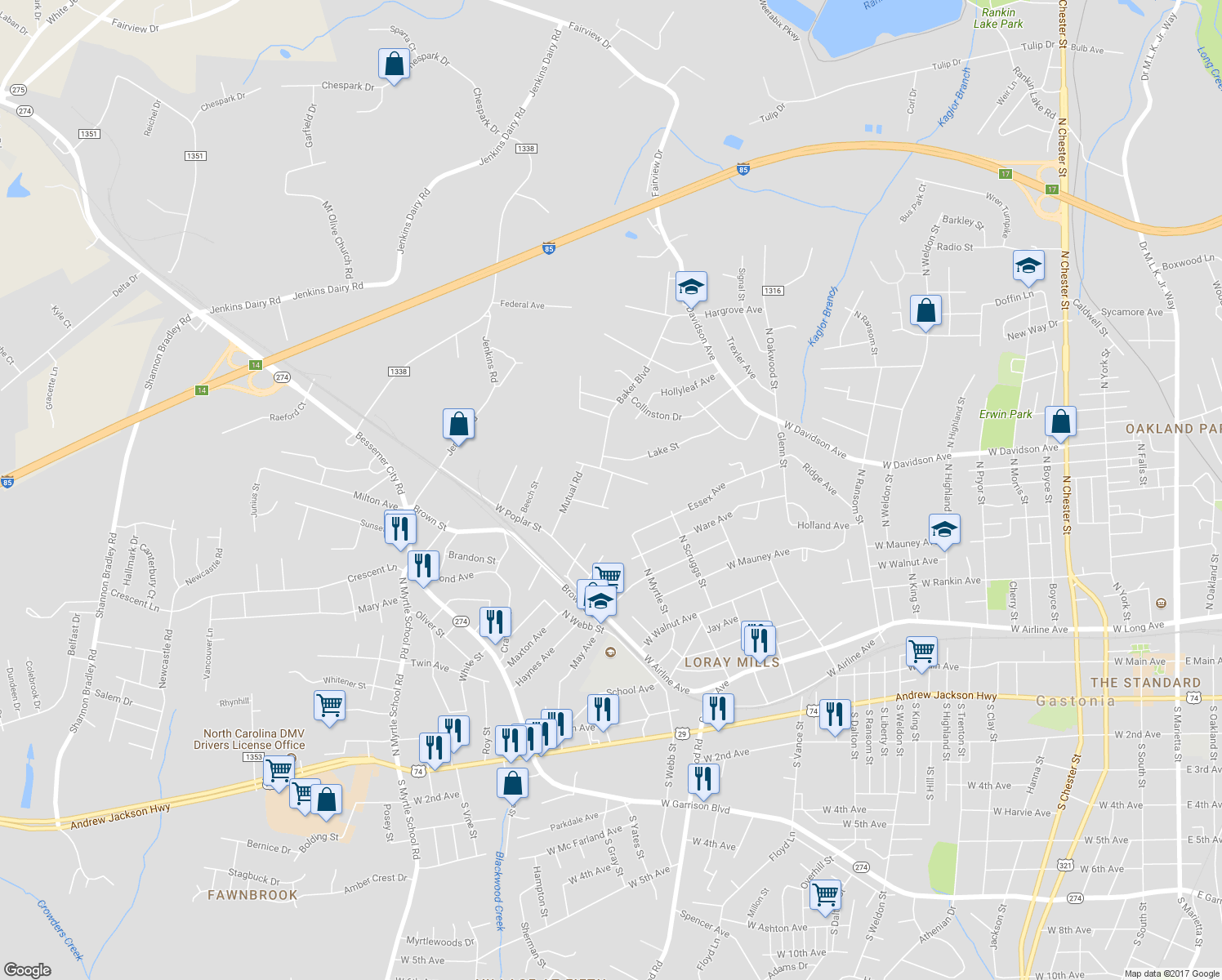 map of restaurants, bars, coffee shops, grocery stores, and more near 822 North Vine Street in Gastonia