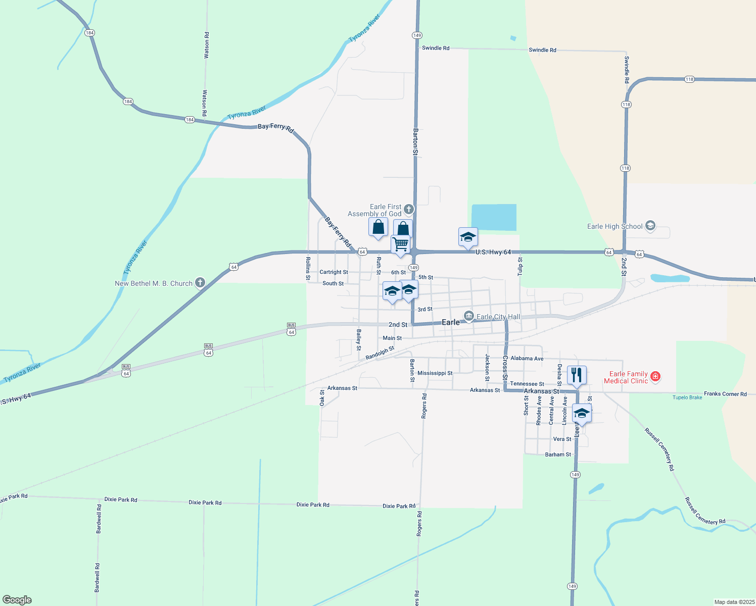 map of restaurants, bars, coffee shops, grocery stores, and more near 850 Ruth Street in Earle