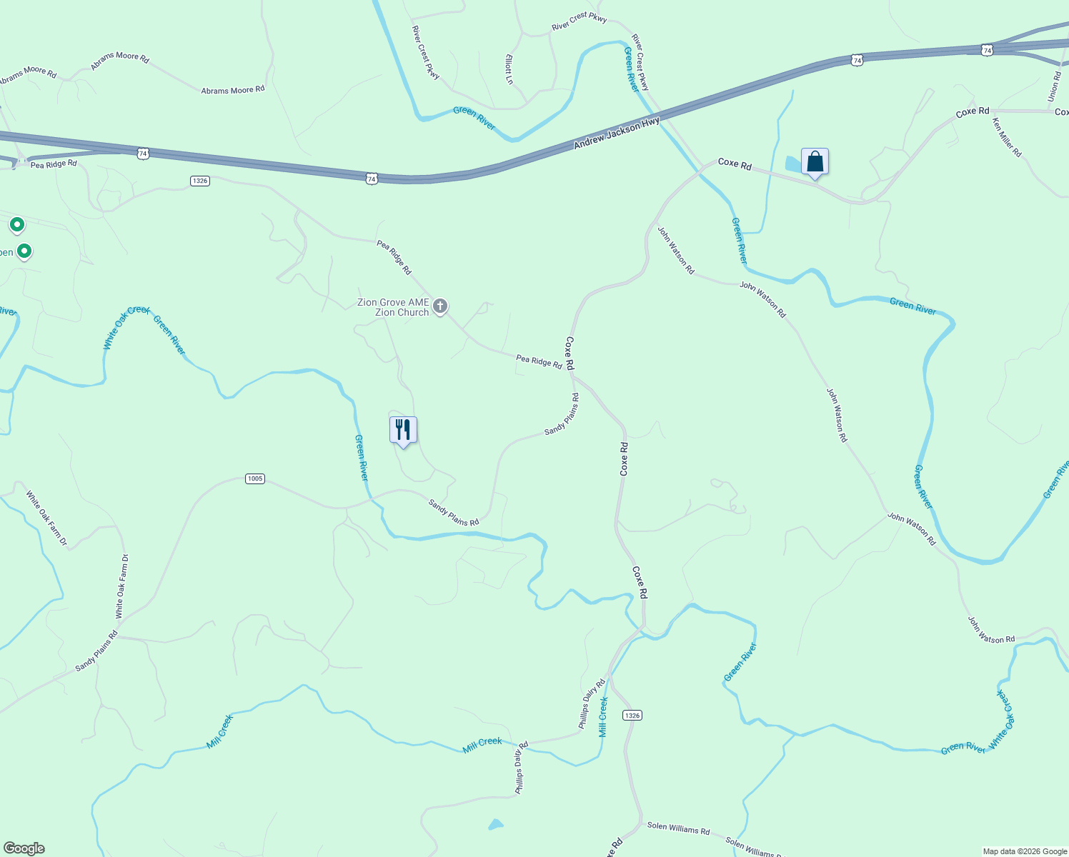 map of restaurants, bars, coffee shops, grocery stores, and more near 4045 Sandy Plains Road in Tryon