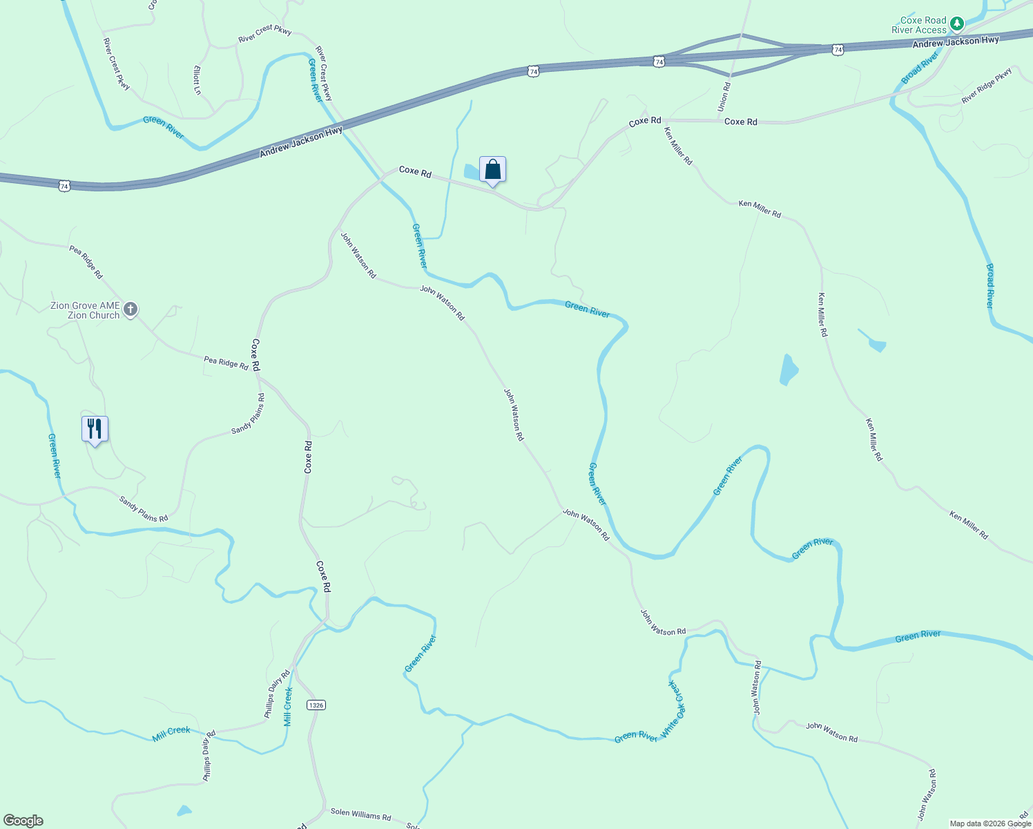map of restaurants, bars, coffee shops, grocery stores, and more near 981 John Watson Road in Rutherfordton