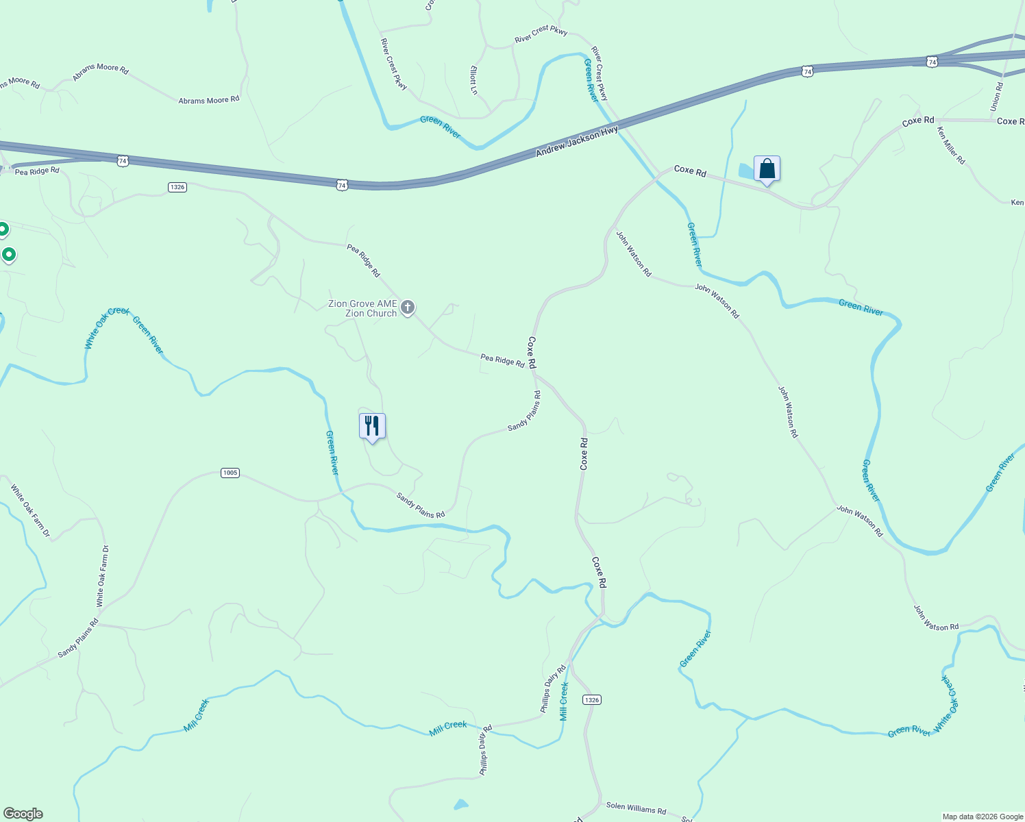 map of restaurants, bars, coffee shops, grocery stores, and more near 4045 Sandy Plains Road in Tryon