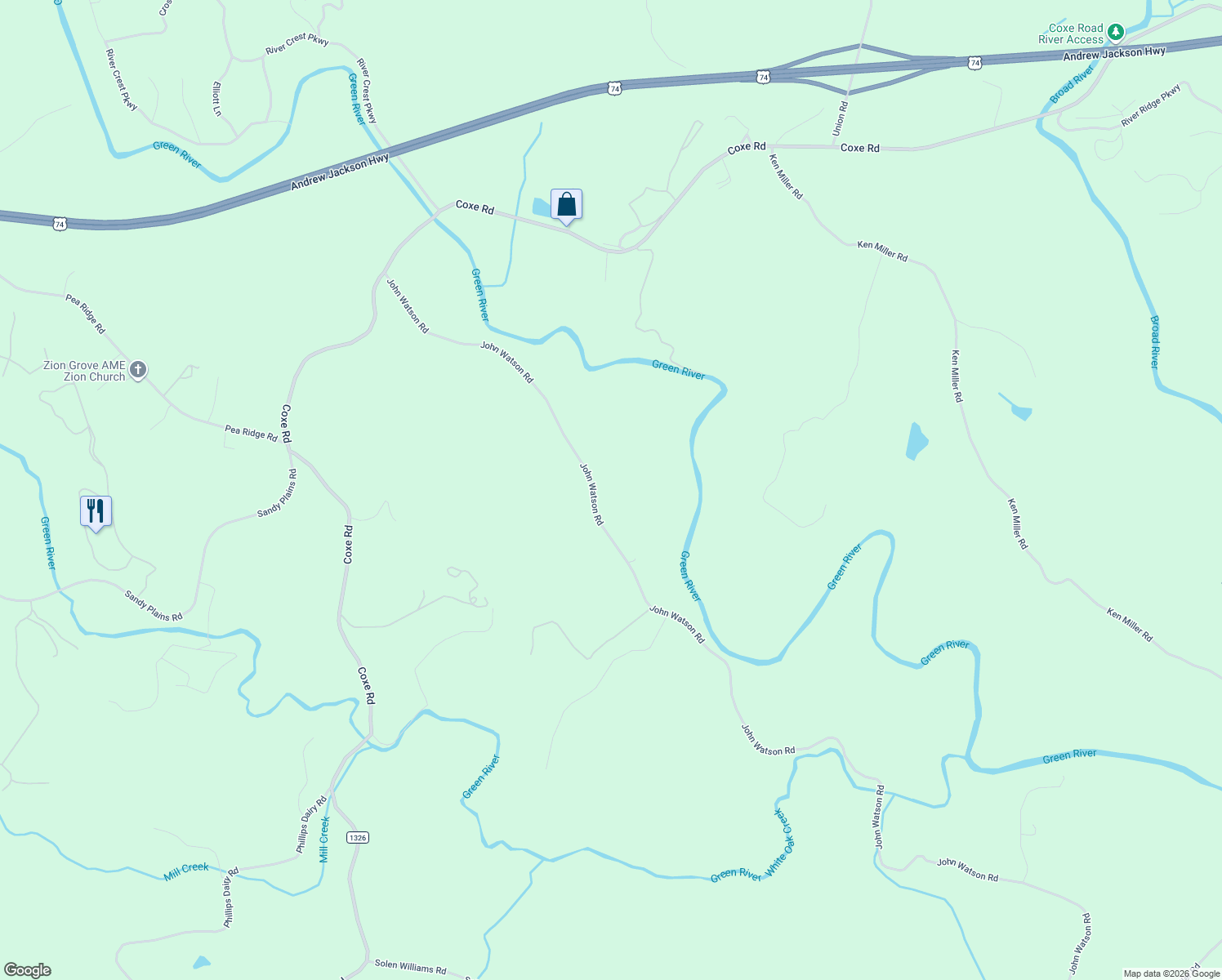 map of restaurants, bars, coffee shops, grocery stores, and more near 981 John Watson Road in Rutherfordton