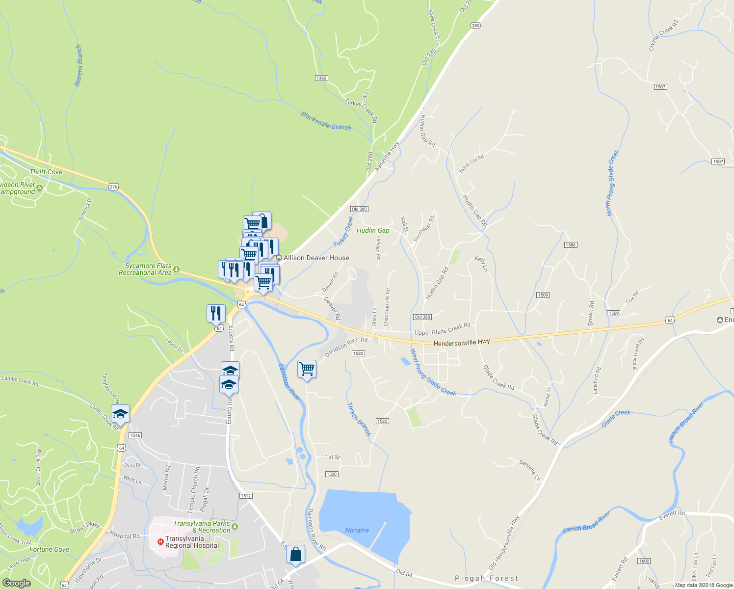 map of restaurants, bars, coffee shops, grocery stores, and more near 200 Riley Lane in Pisgah Forest