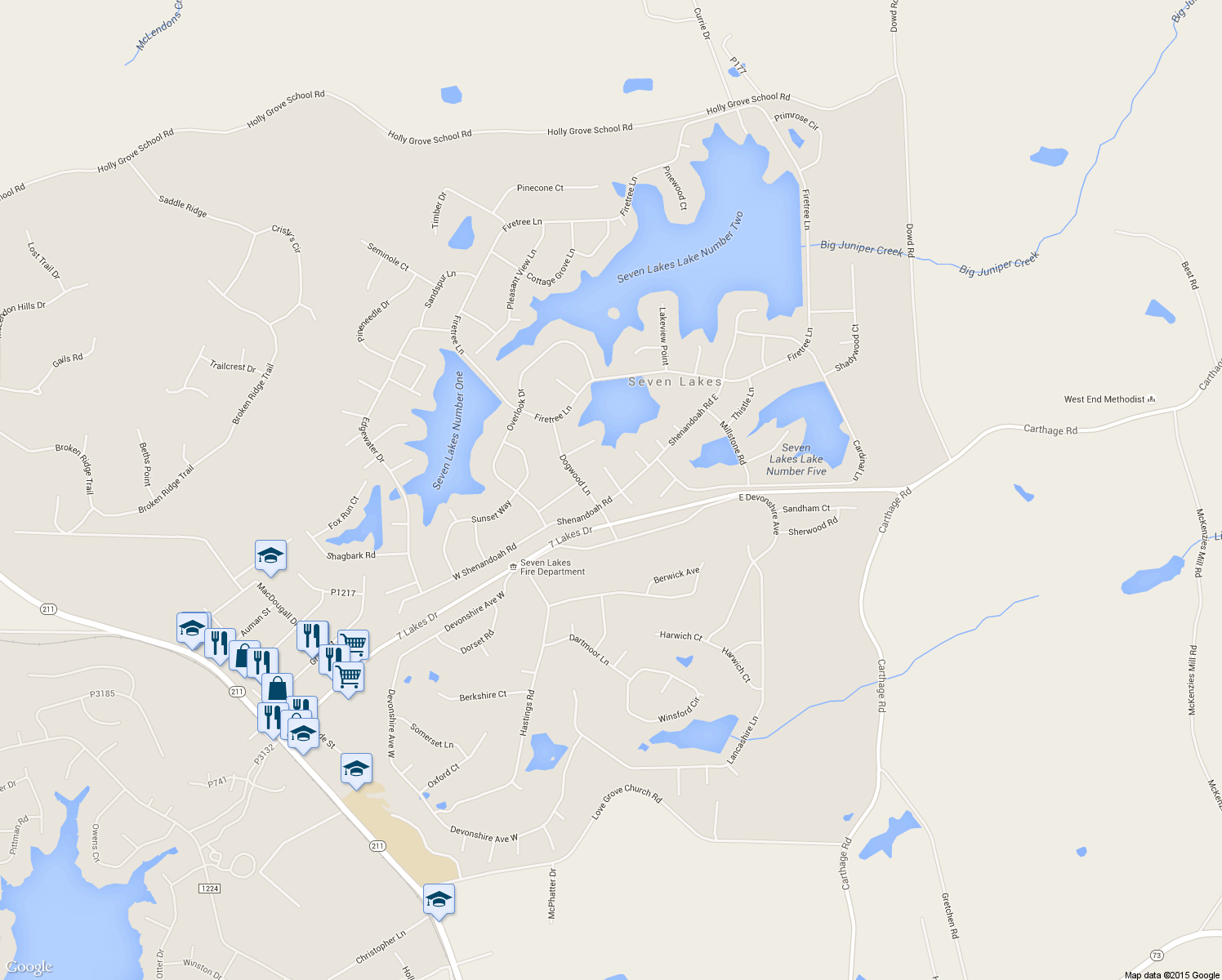 map of restaurants, bars, coffee shops, grocery stores, and more near 101 Sweetbriar Court in Seven Lakes