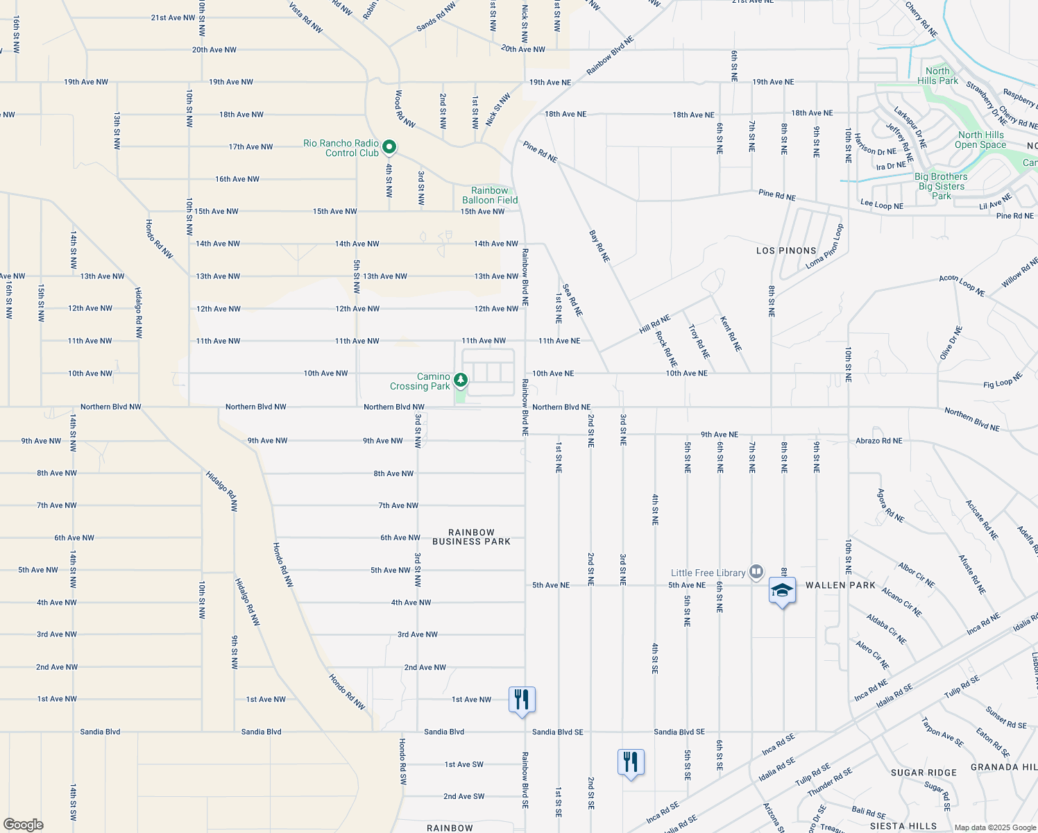 map of restaurants, bars, coffee shops, grocery stores, and more near 10 Northern Boulevard Northwest in Rio Rancho
