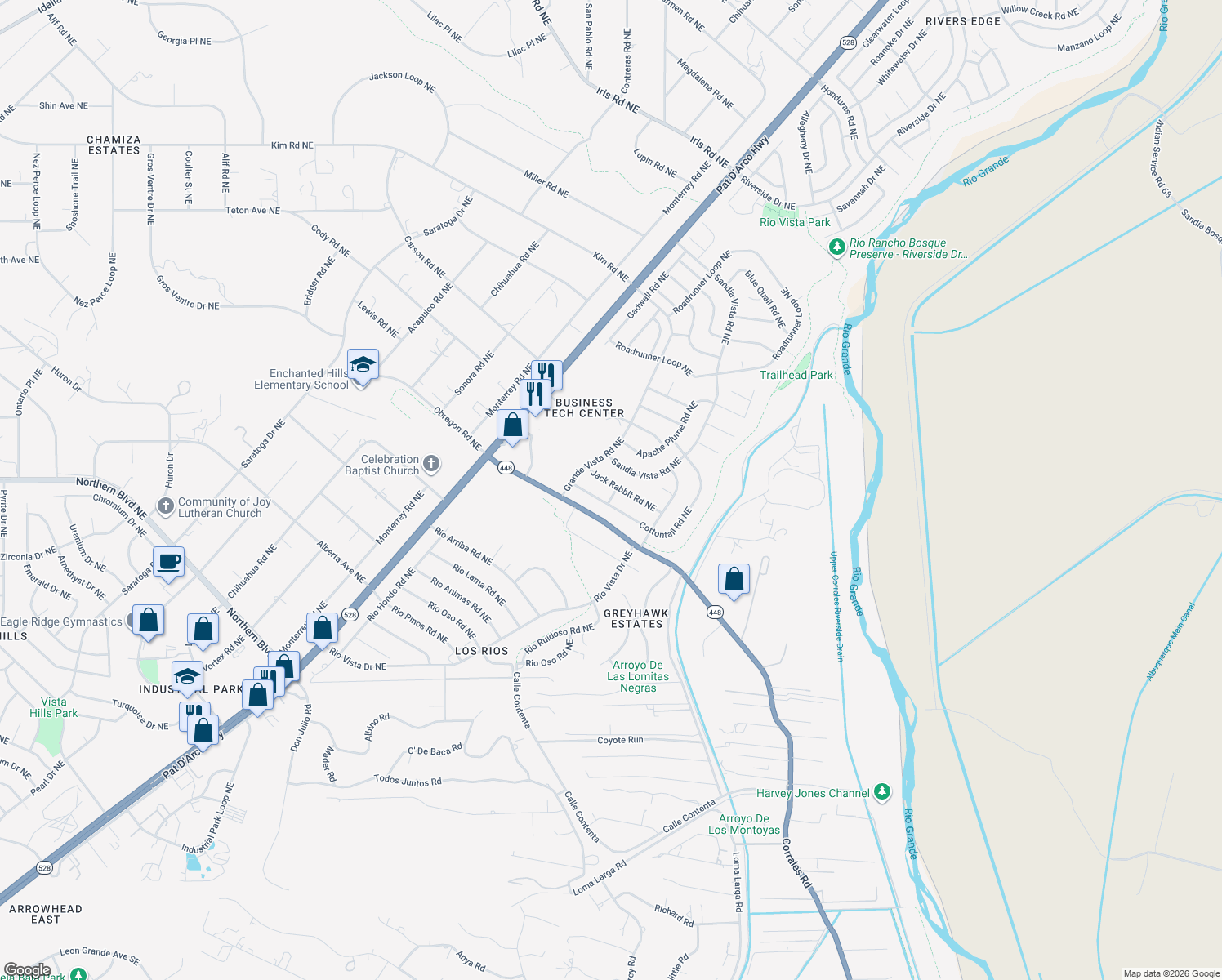 map of restaurants, bars, coffee shops, grocery stores, and more near 6074 Jack Rabbit Rd NE in Rio Rancho