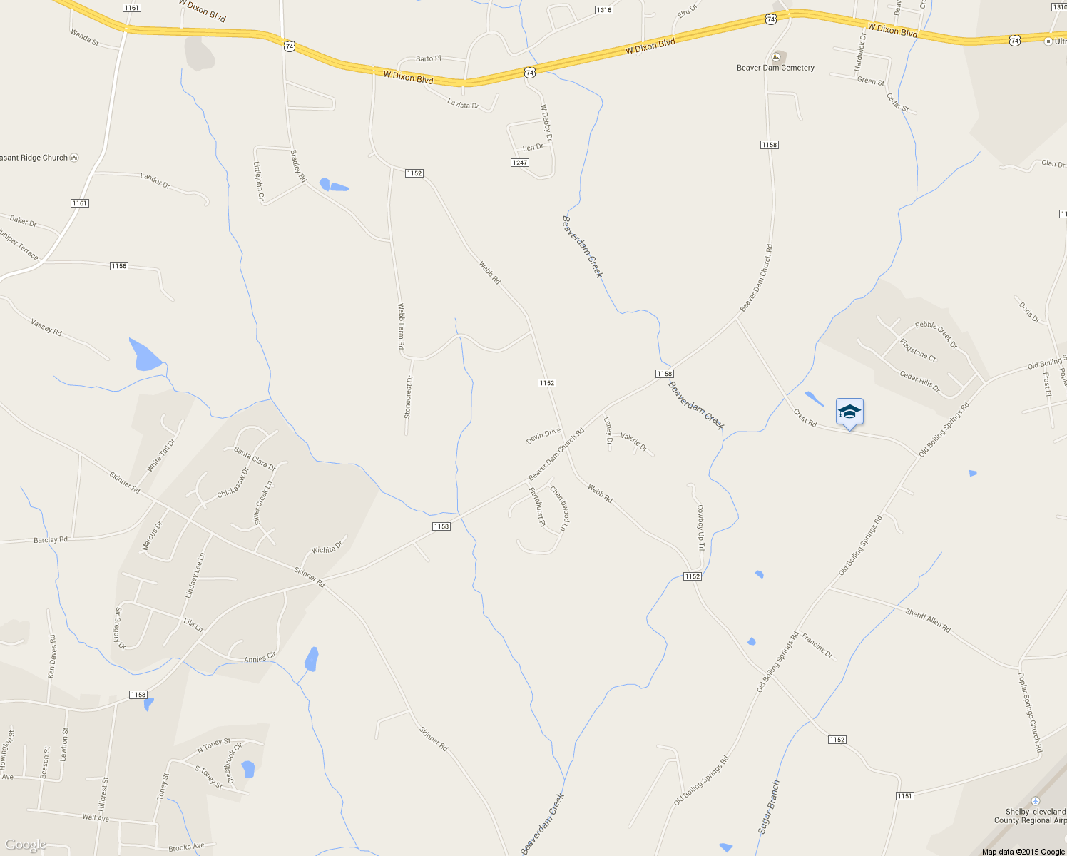 map of restaurants, bars, coffee shops, grocery stores, and more near 108 Devin Drive in Shelby