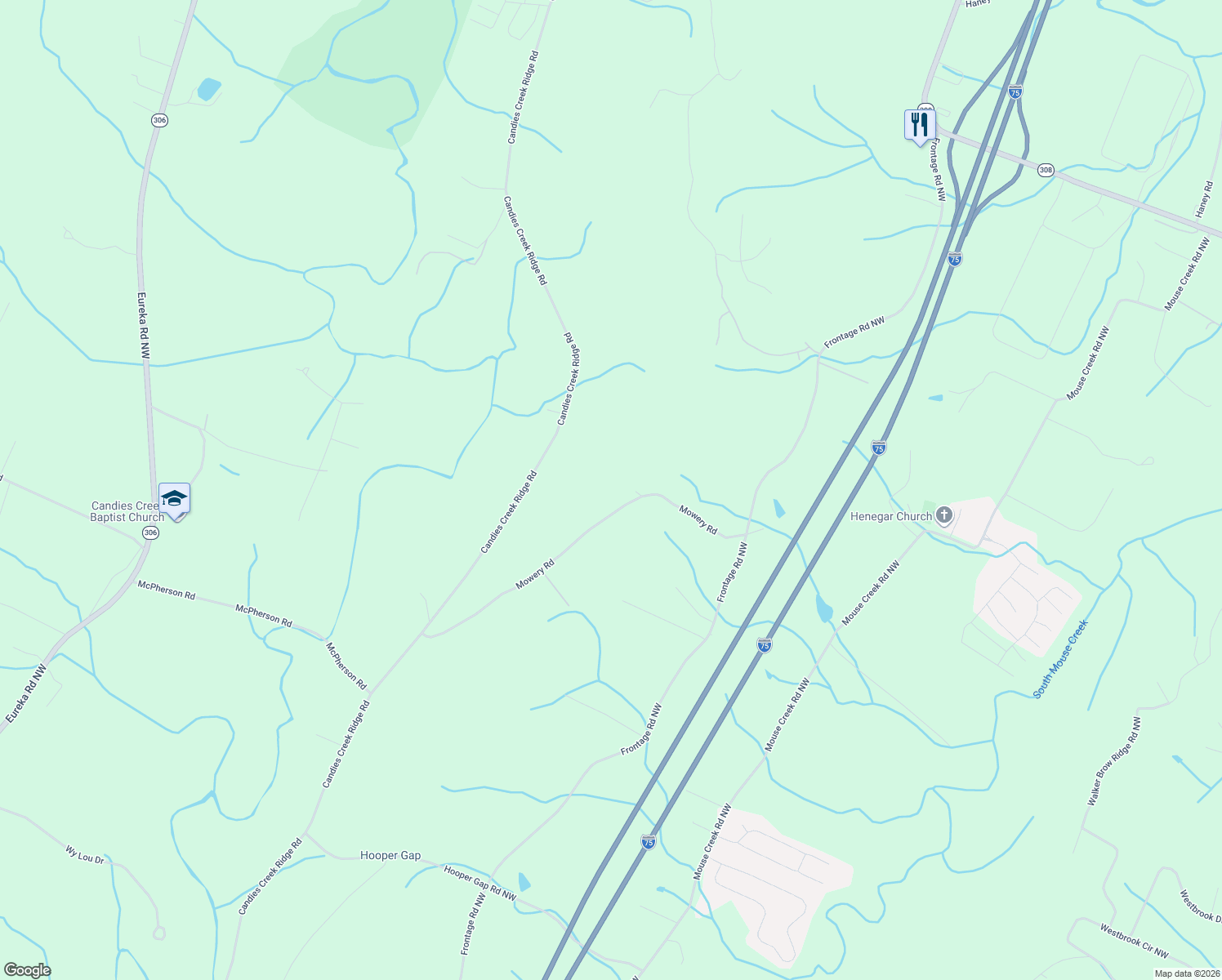 map of restaurants, bars, coffee shops, grocery stores, and more near 320 Mowery Rd NW in Cleveland