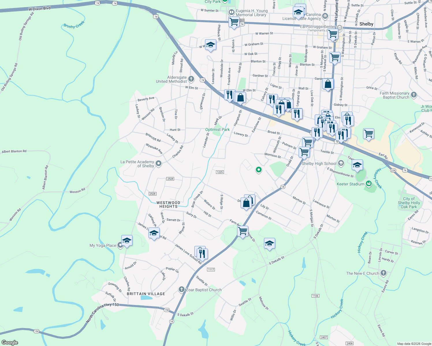 map of restaurants, bars, coffee shops, grocery stores, and more near 517 Webber Street in Shelby