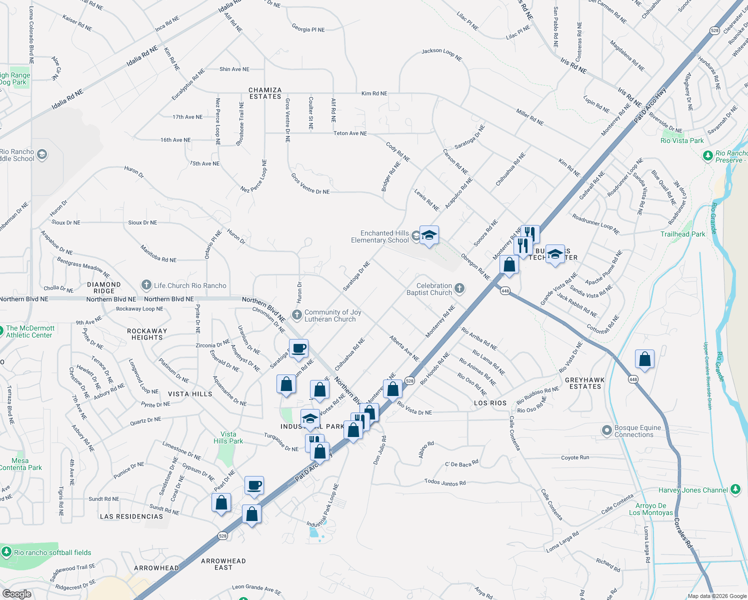 map of restaurants, bars, coffee shops, grocery stores, and more near 1000 Acapulco Road Northeast in Rio Rancho