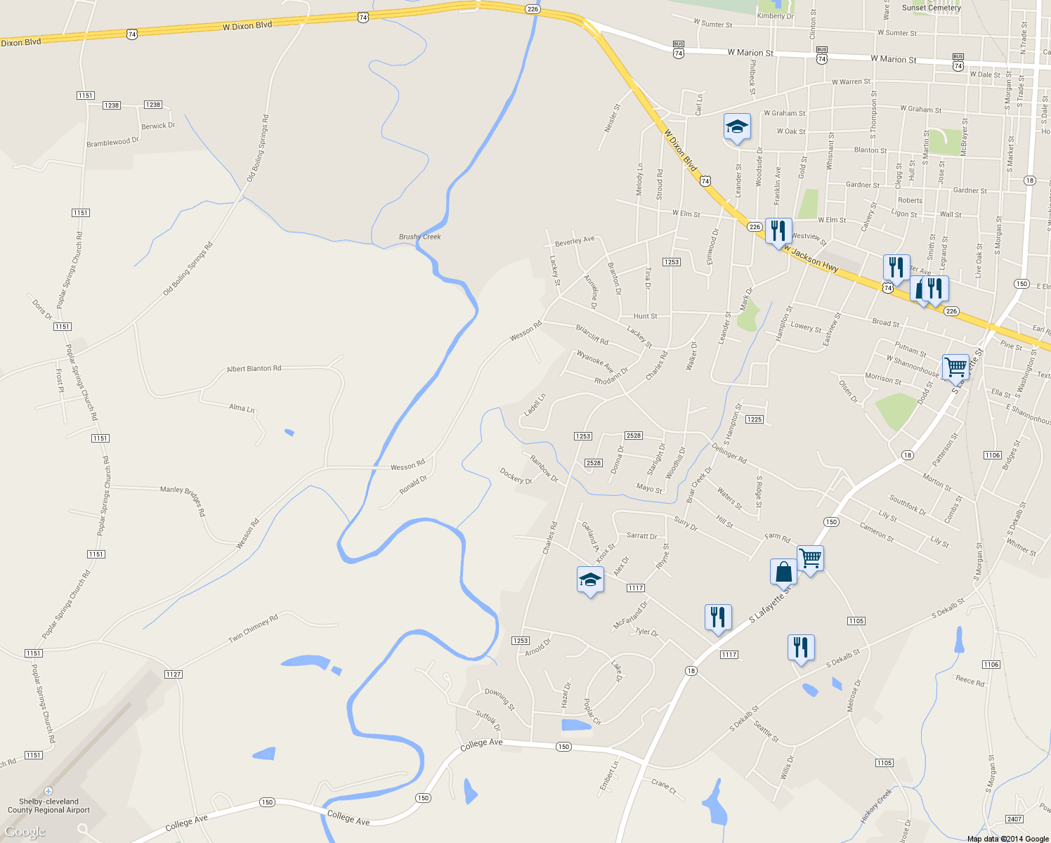 map of restaurants, bars, coffee shops, grocery stores, and more near 1348 Belinda Drive in Shelby