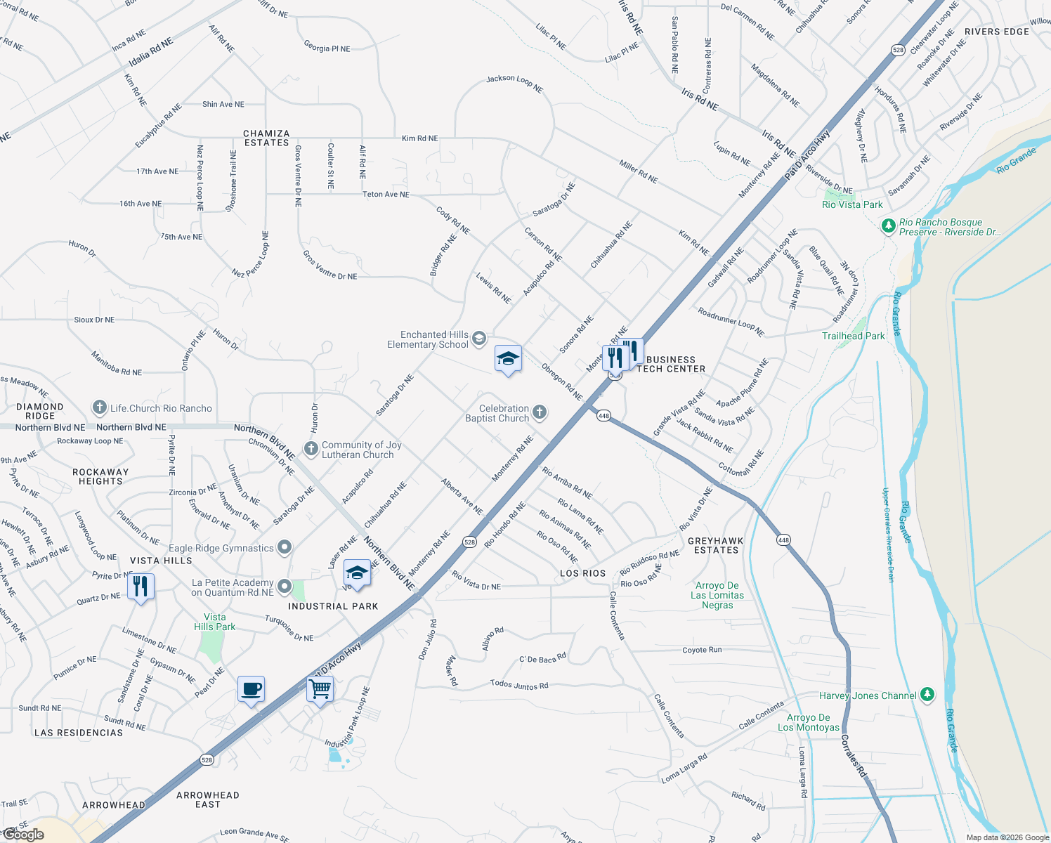 map of restaurants, bars, coffee shops, grocery stores, and more near 5619 Laredo Rd NE in Rio Rancho