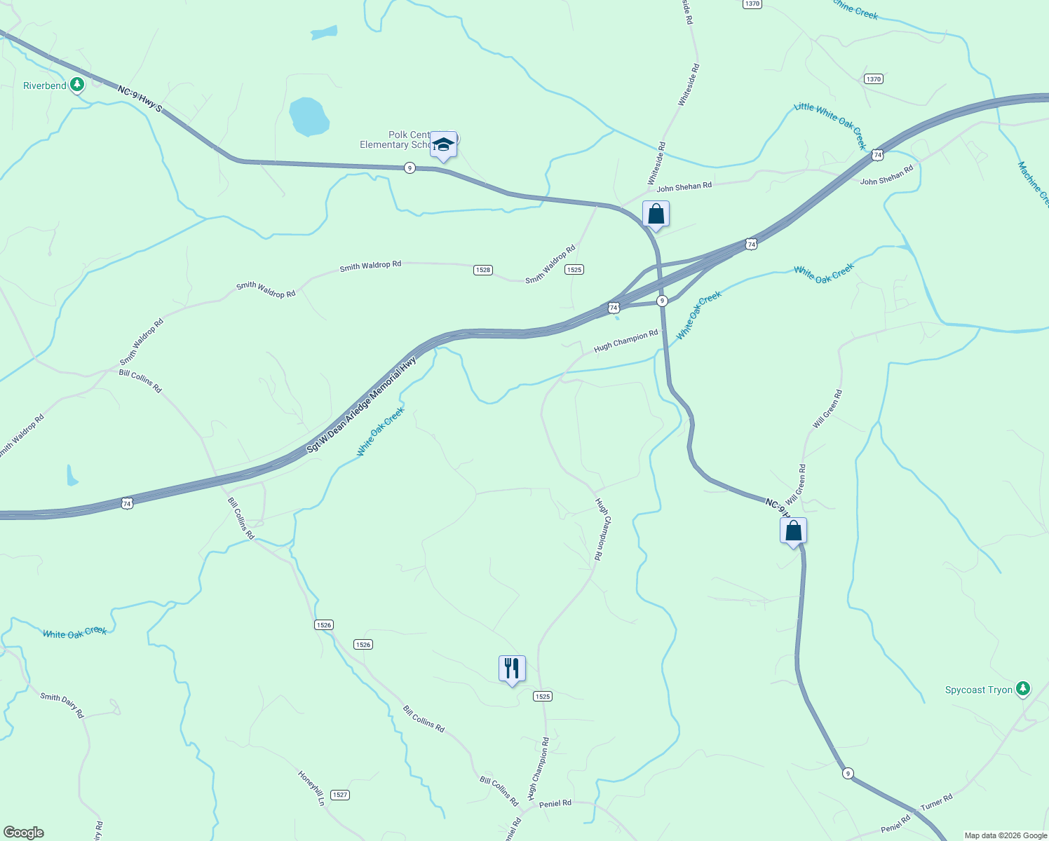 map of restaurants, bars, coffee shops, grocery stores, and more near 442 Hugh Champion Road in Tryon