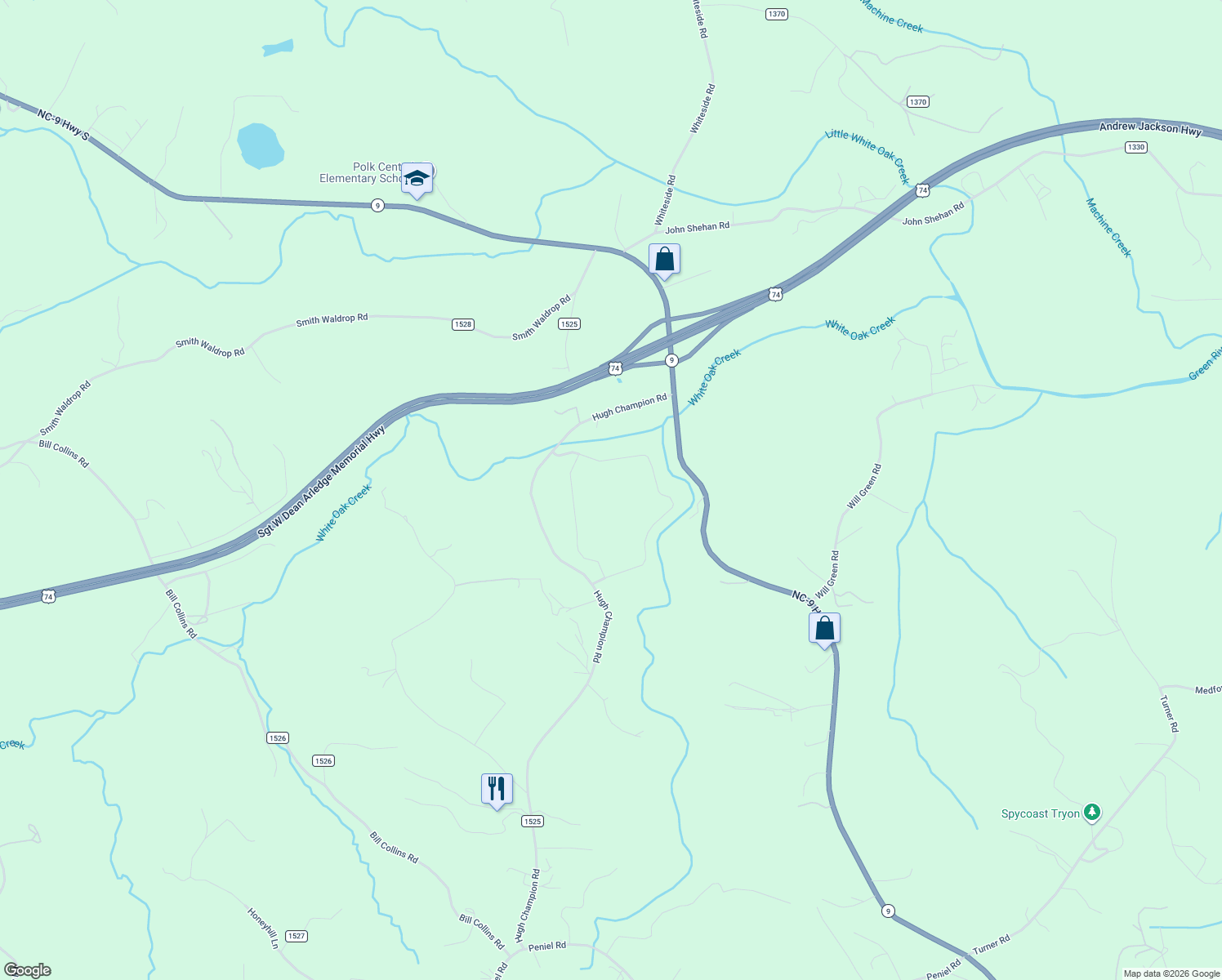 map of restaurants, bars, coffee shops, grocery stores, and more near 411 Hugh Champion Road in Tryon