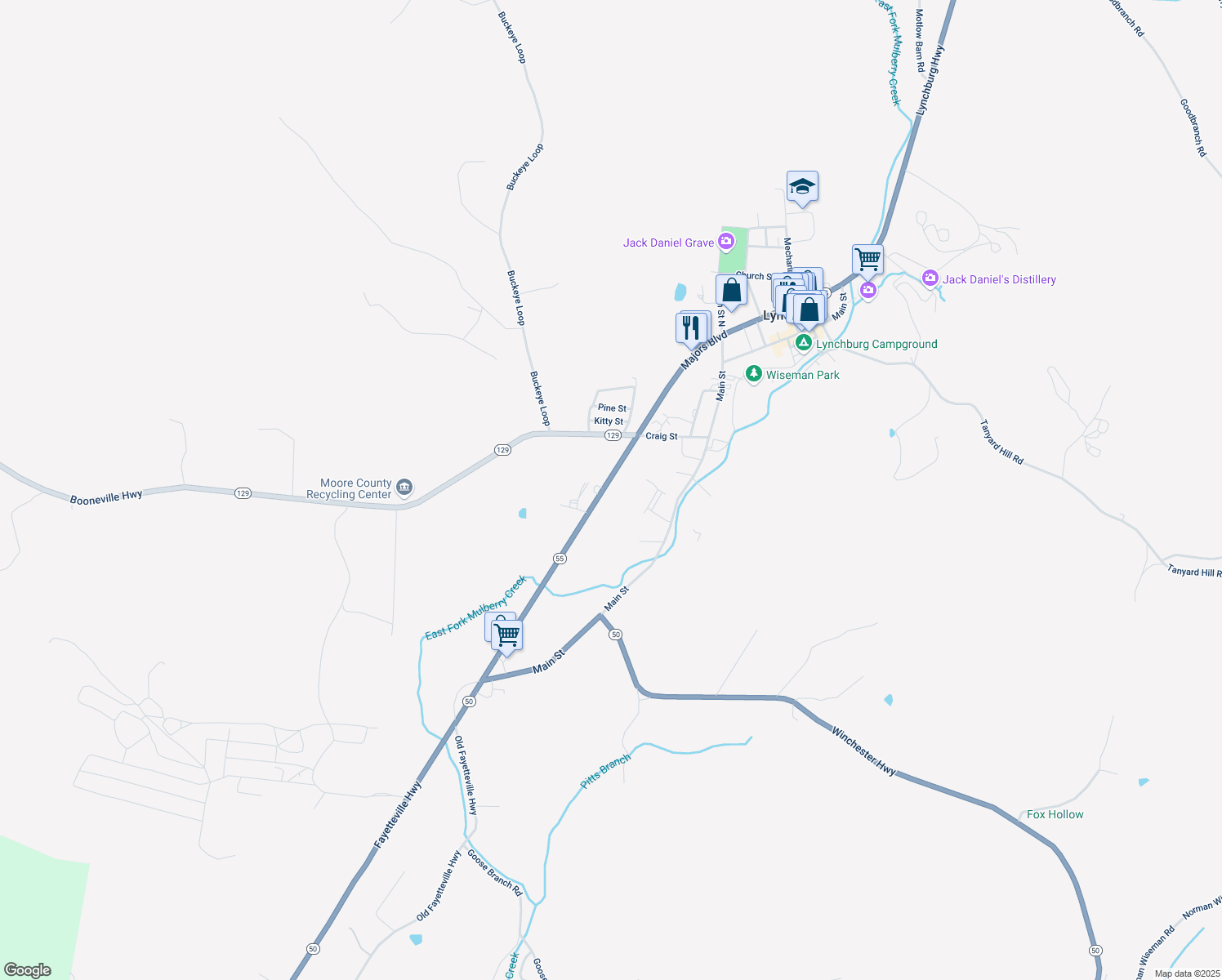 map of restaurants, bars, coffee shops, grocery stores, and more near 831 Fayetteville Highway in Lynchburg