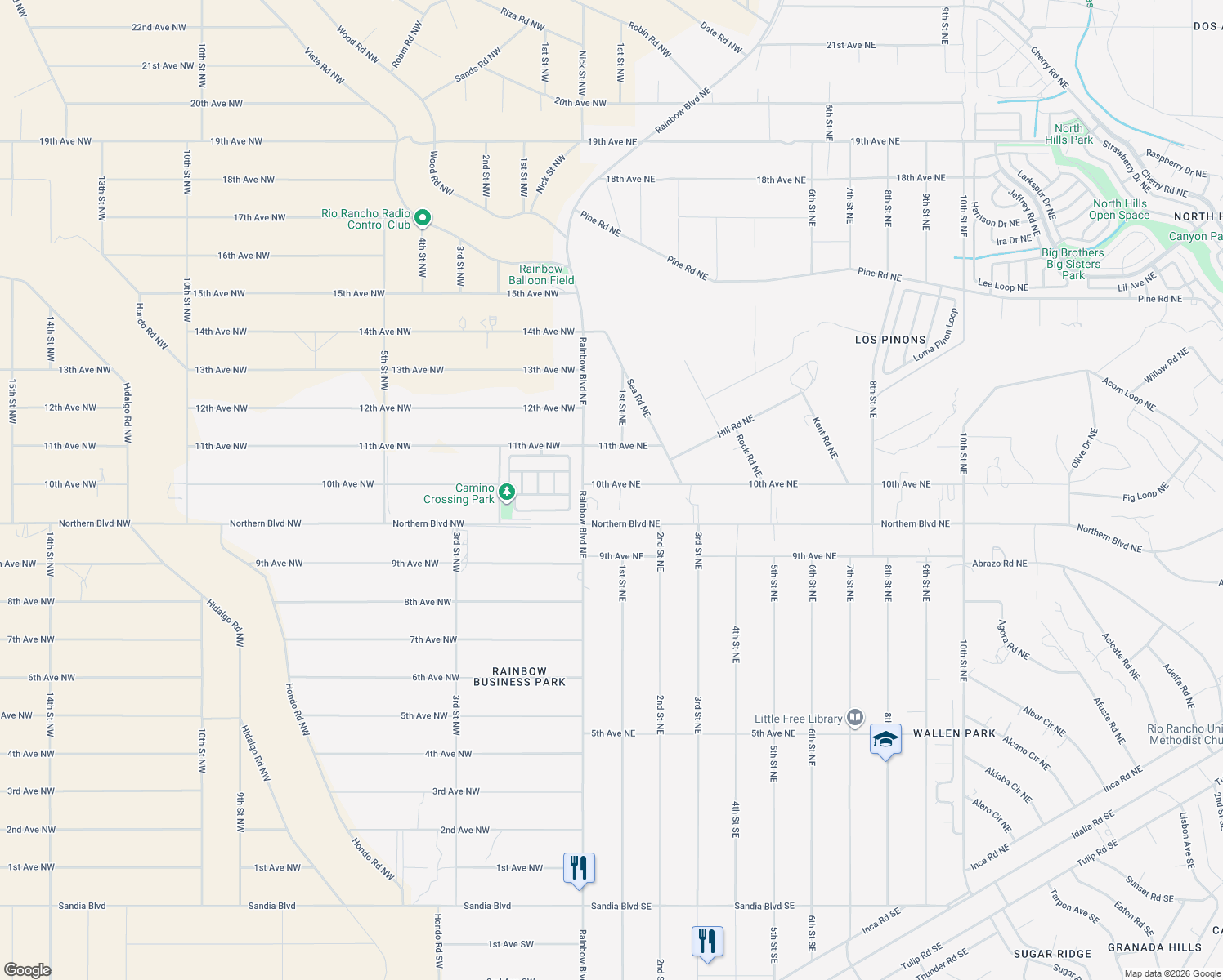 map of restaurants, bars, coffee shops, grocery stores, and more near 140 10th Avenue Northeast in Rio Rancho