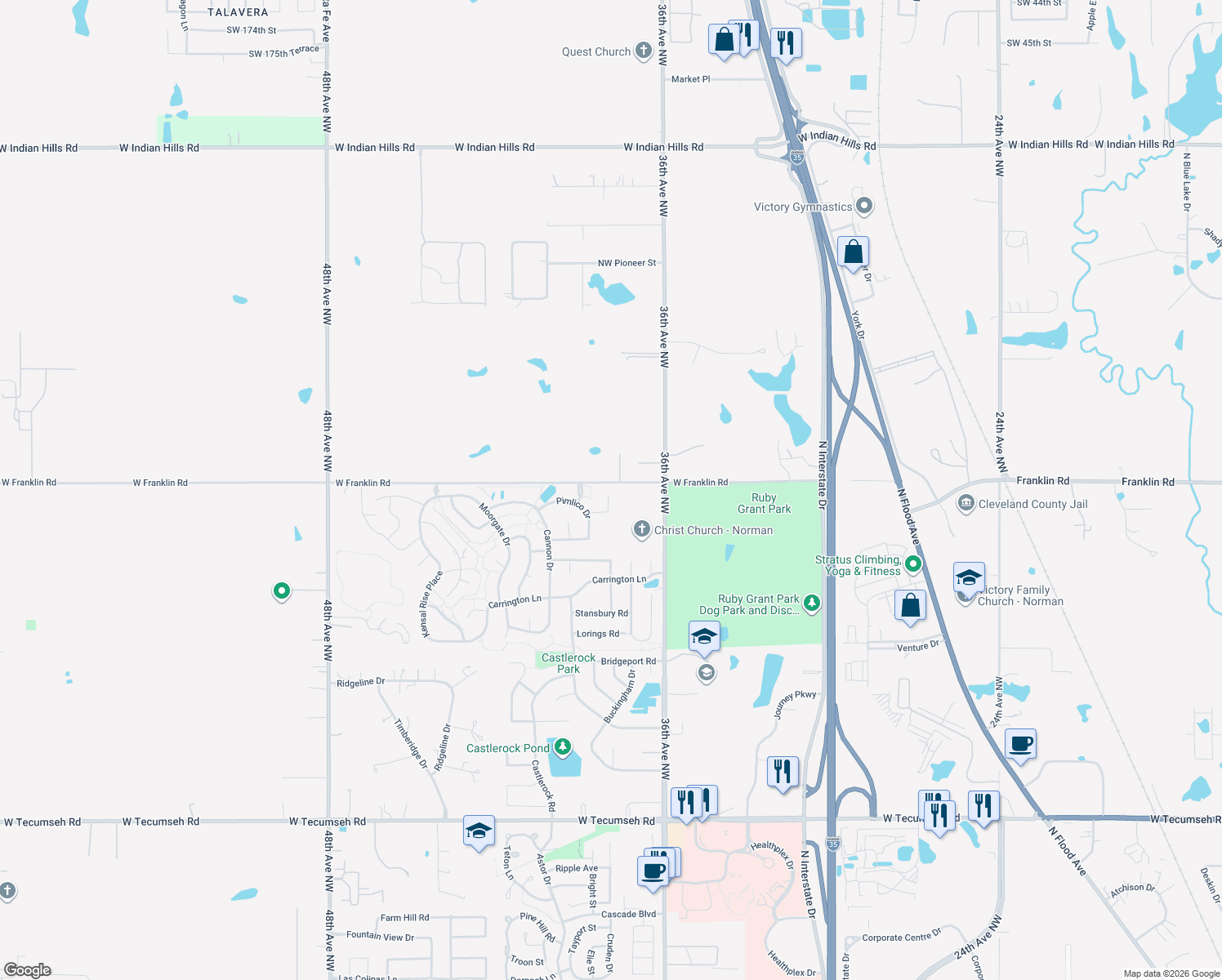 map of restaurants, bars, coffee shops, grocery stores, and more near 3817 Dalston Circle in Norman