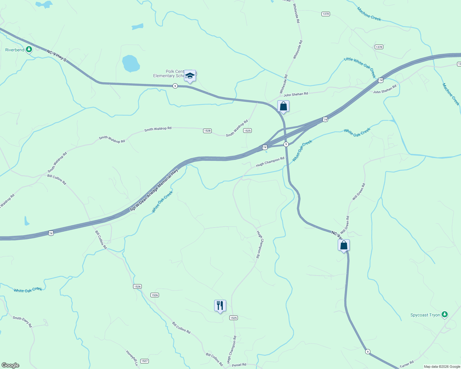 map of restaurants, bars, coffee shops, grocery stores, and more near 442 Hugh Champion Road in Tryon