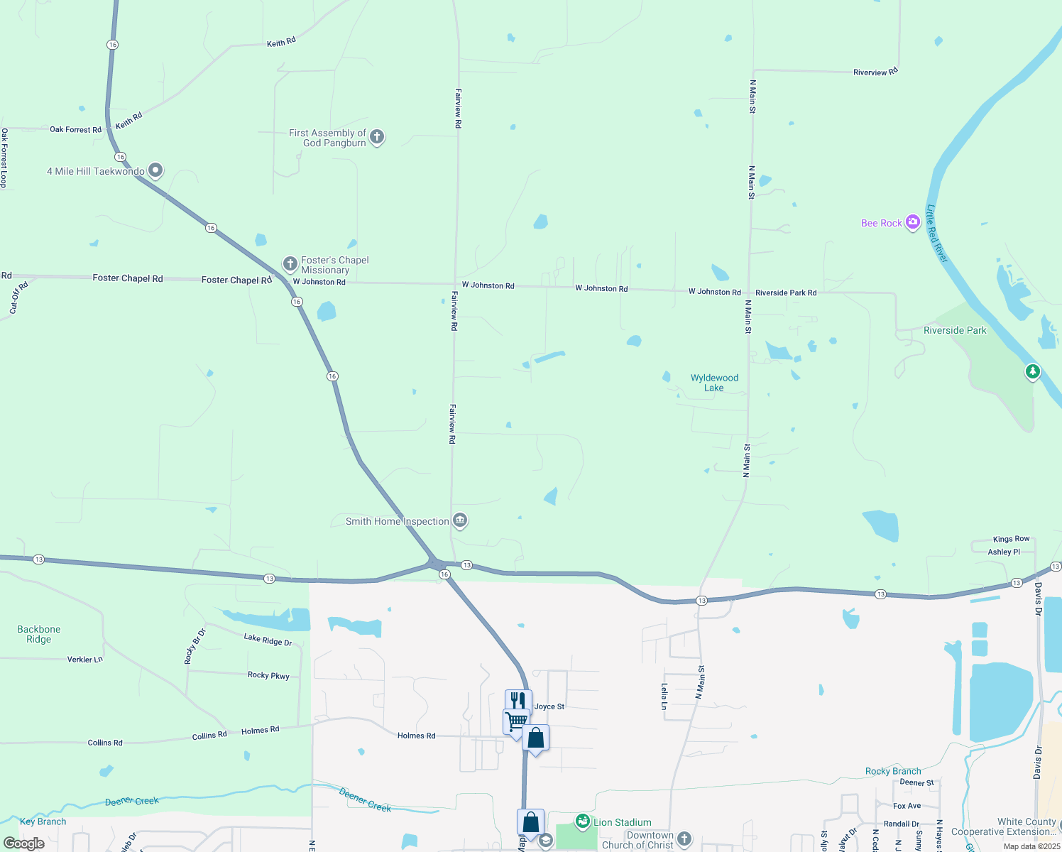 map of restaurants, bars, coffee shops, grocery stores, and more near 103 Pleasant View Drive in Searcy