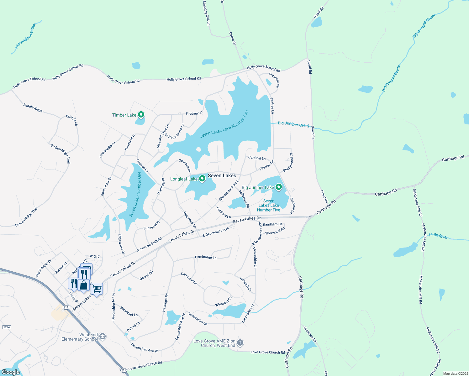 map of restaurants, bars, coffee shops, grocery stores, and more near 136 East Shenandoah Road in West End