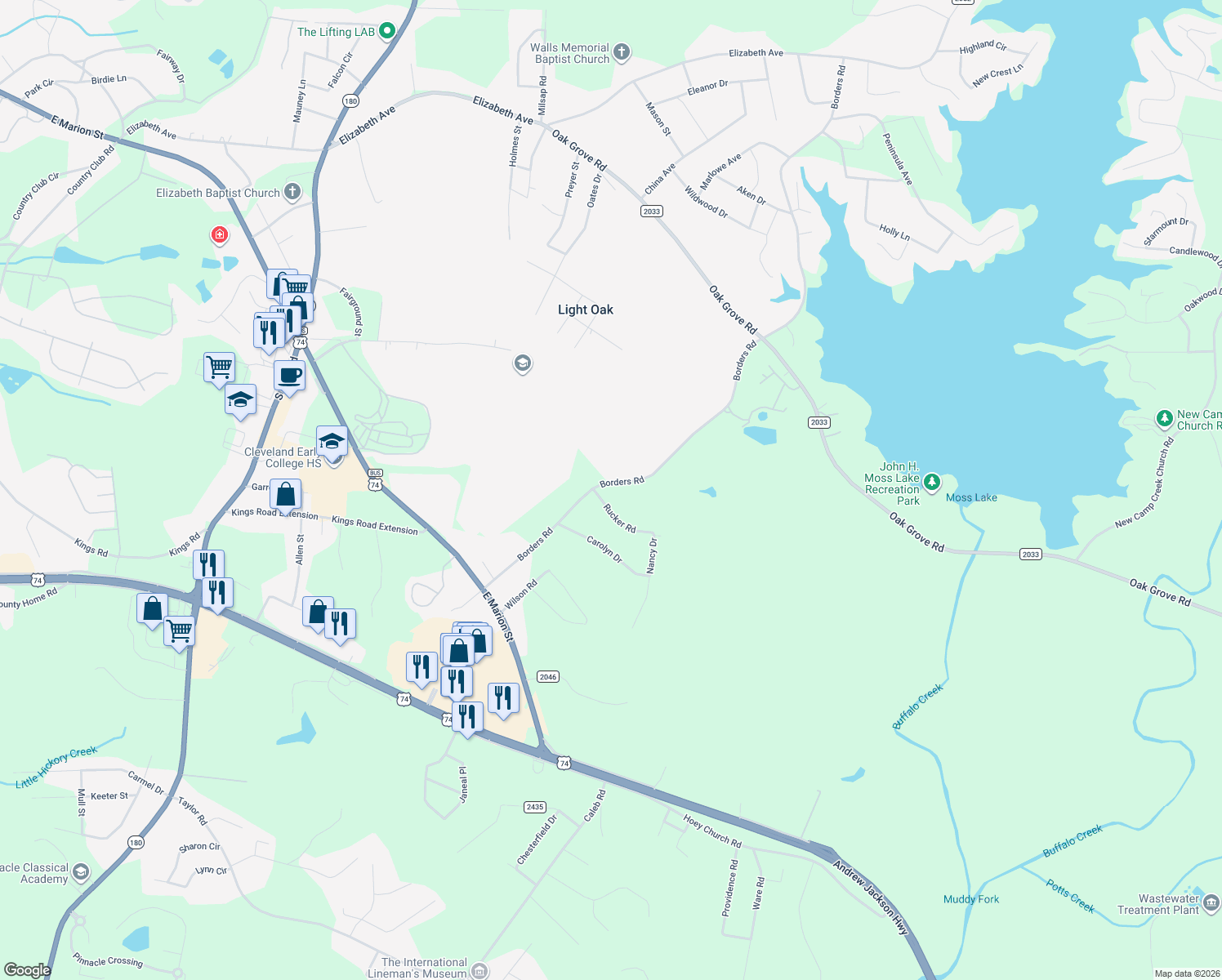 map of restaurants, bars, coffee shops, grocery stores, and more near 402 Borders Rd in Shelby