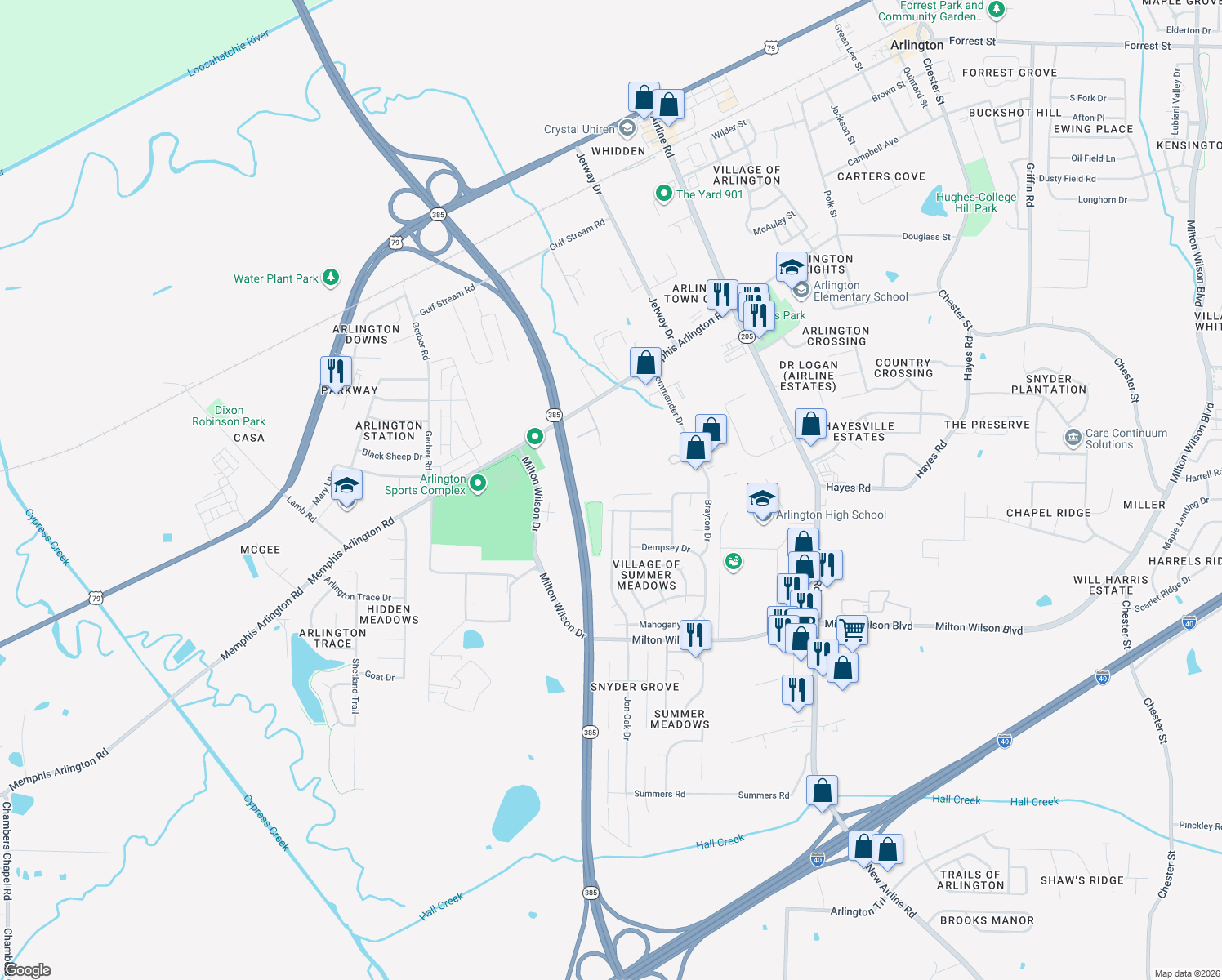 map of restaurants, bars, coffee shops, grocery stores, and more near 11544 Milton Ridge Cove in Arlington