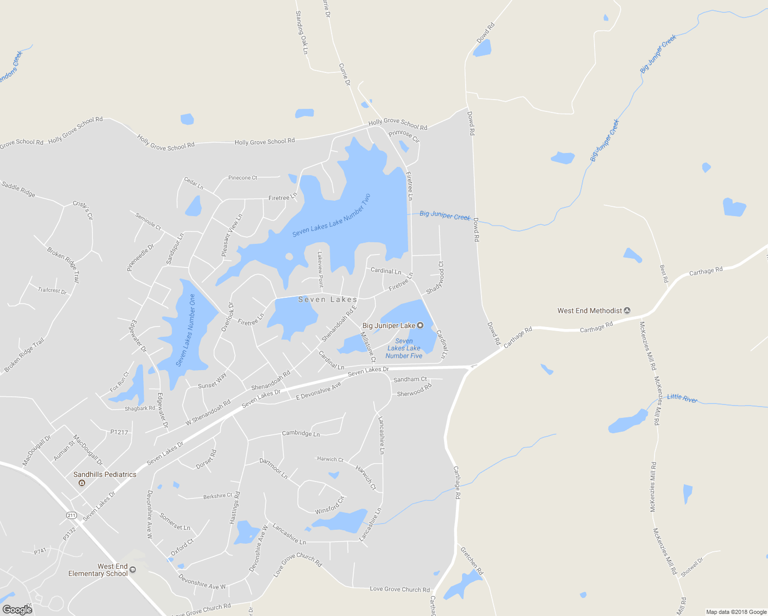 map of restaurants, bars, coffee shops, grocery stores, and more near 105 Thistle Lane in Seven Lakes