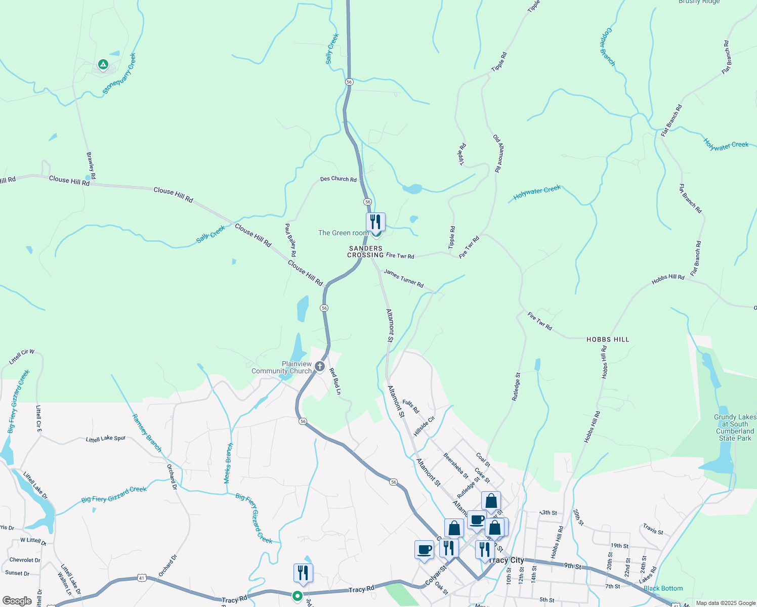 map of restaurants, bars, coffee shops, grocery stores, and more near 2581 Altamont Street in Tracy City