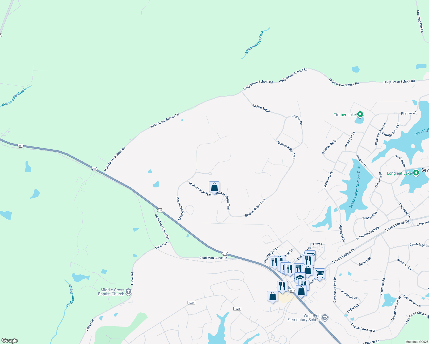 map of restaurants, bars, coffee shops, grocery stores, and more near 184 Gails Rd in Seven Lakes