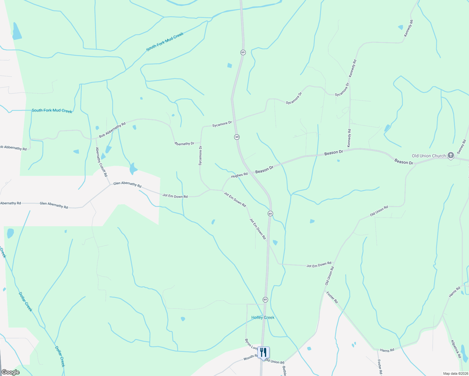 map of restaurants, bars, coffee shops, grocery stores, and more near 1120 Jot Em Down Road in Morris Chapel