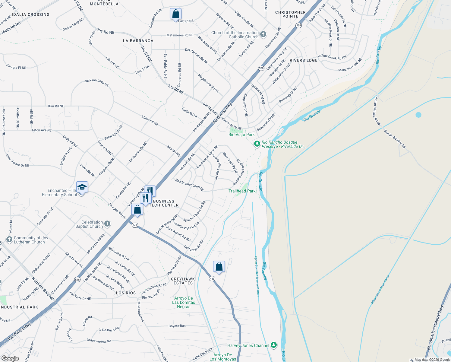 map of restaurants, bars, coffee shops, grocery stores, and more near 6496 Gambel Quail Road Northeast in Rio Rancho