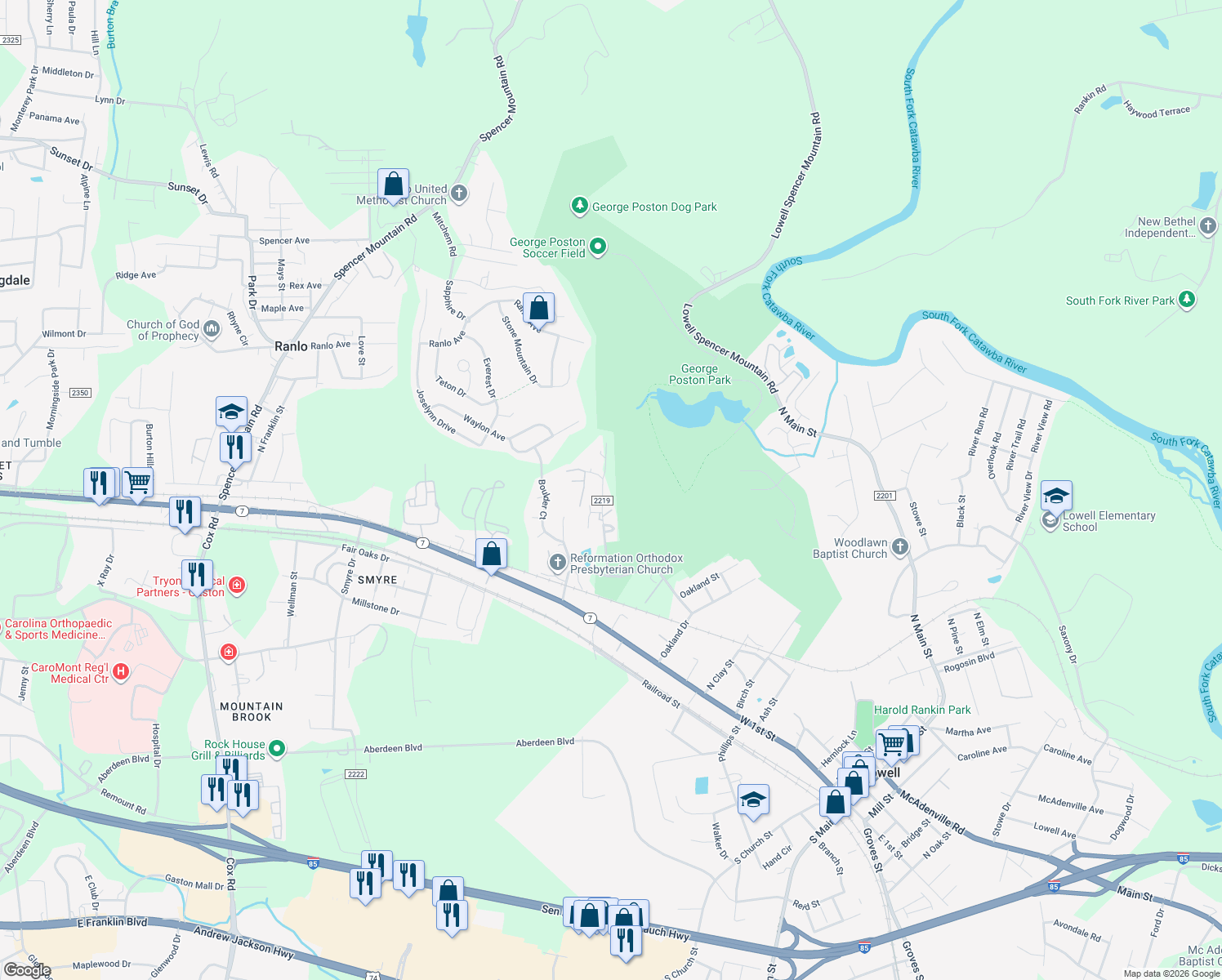 map of restaurants, bars, coffee shops, grocery stores, and more near 130 Rhyne-Rankin Road in Lowell