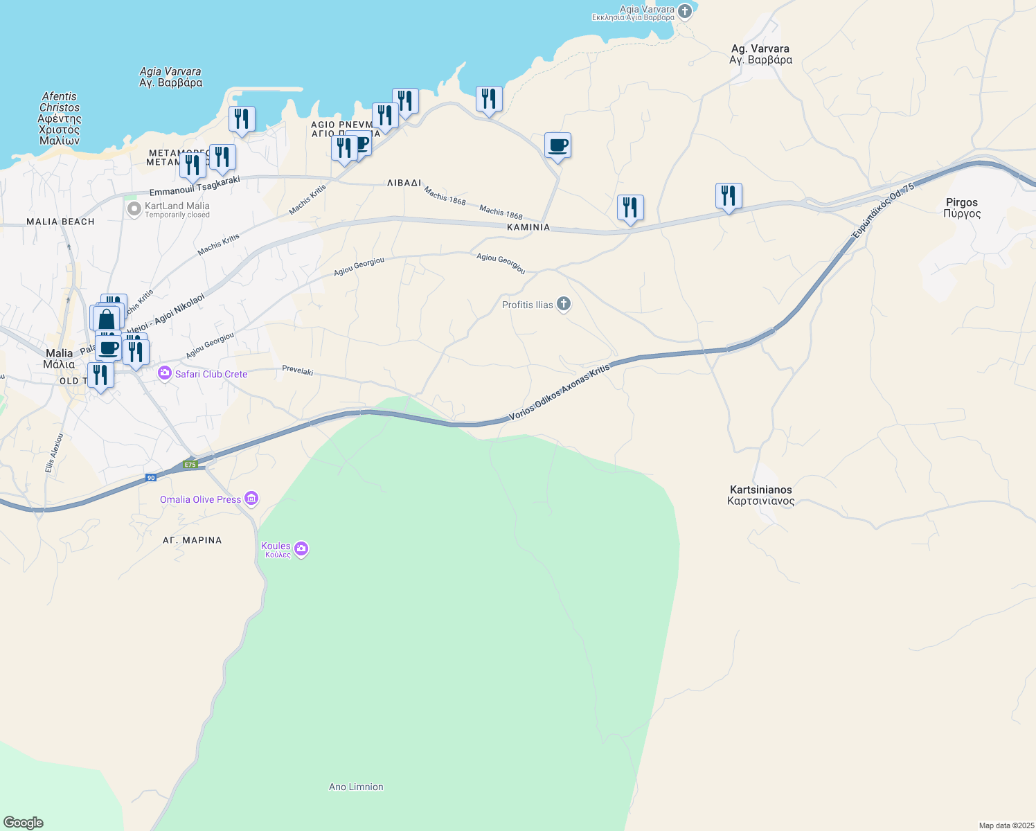 map of restaurants, bars, coffee shops, grocery stores, and more near Ethniki Odos Irakliou Agiou Nikolaou in Crete