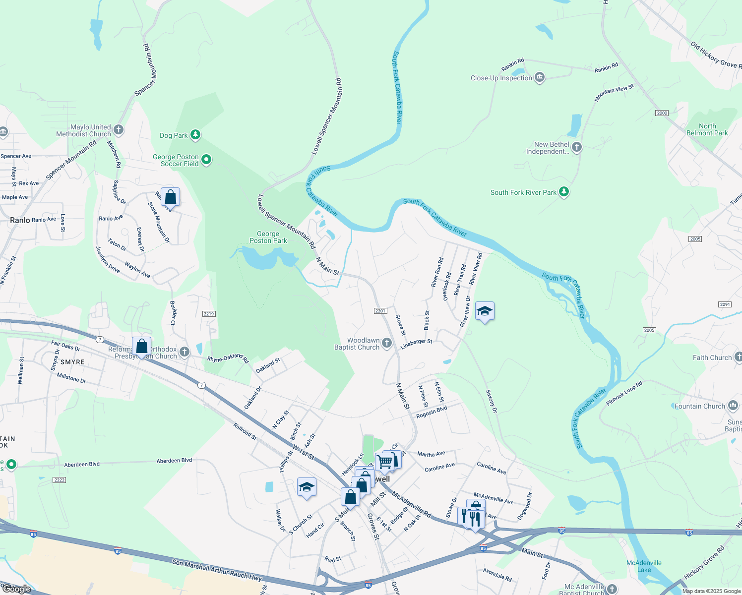 map of restaurants, bars, coffee shops, grocery stores, and more near 1319 North Main Street in Lowell