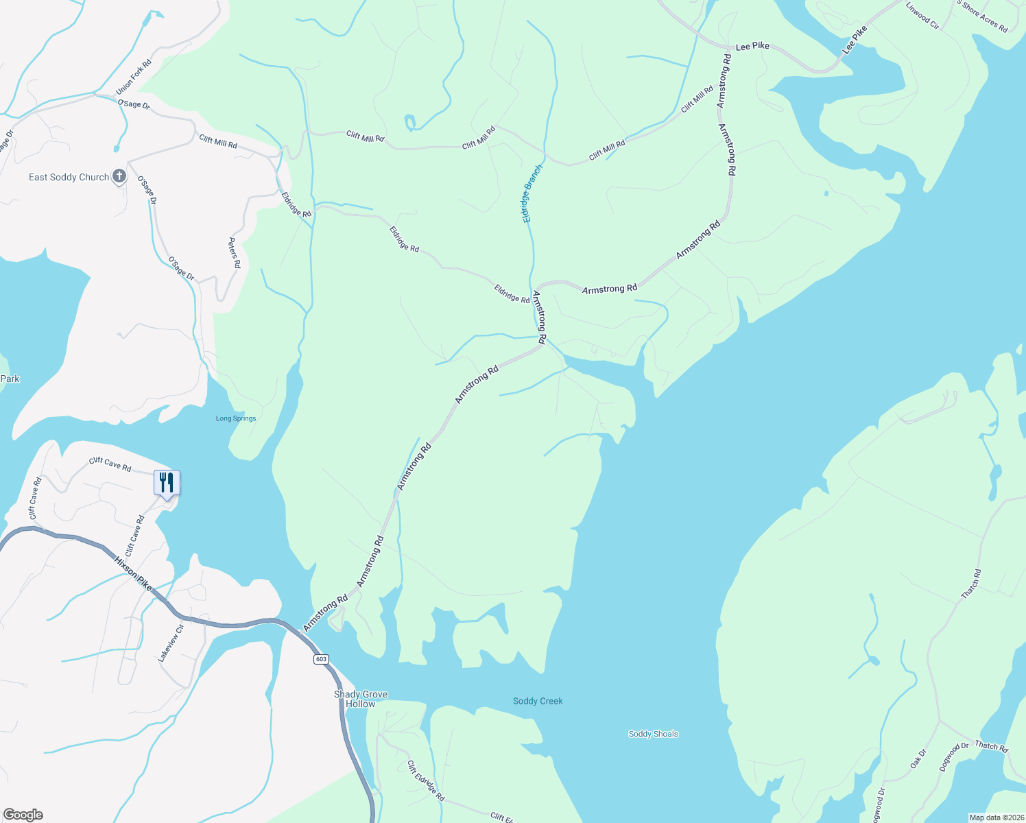 map of restaurants, bars, coffee shops, grocery stores, and more near 11656 Armstrong Road in Soddy-Daisy
