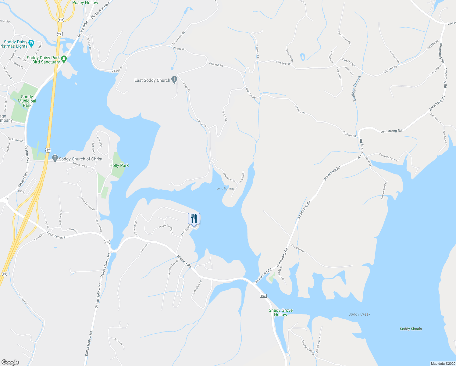 map of restaurants, bars, coffee shops, grocery stores, and more near 1190 Penobscot Drive in Soddy-Daisy
