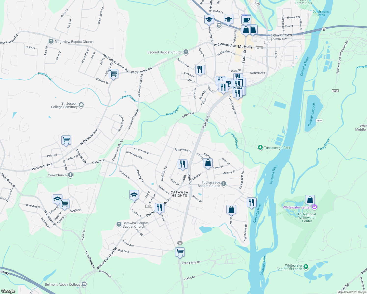 map of restaurants, bars, coffee shops, grocery stores, and more near 124 West Catawba Drive in Mount Holly