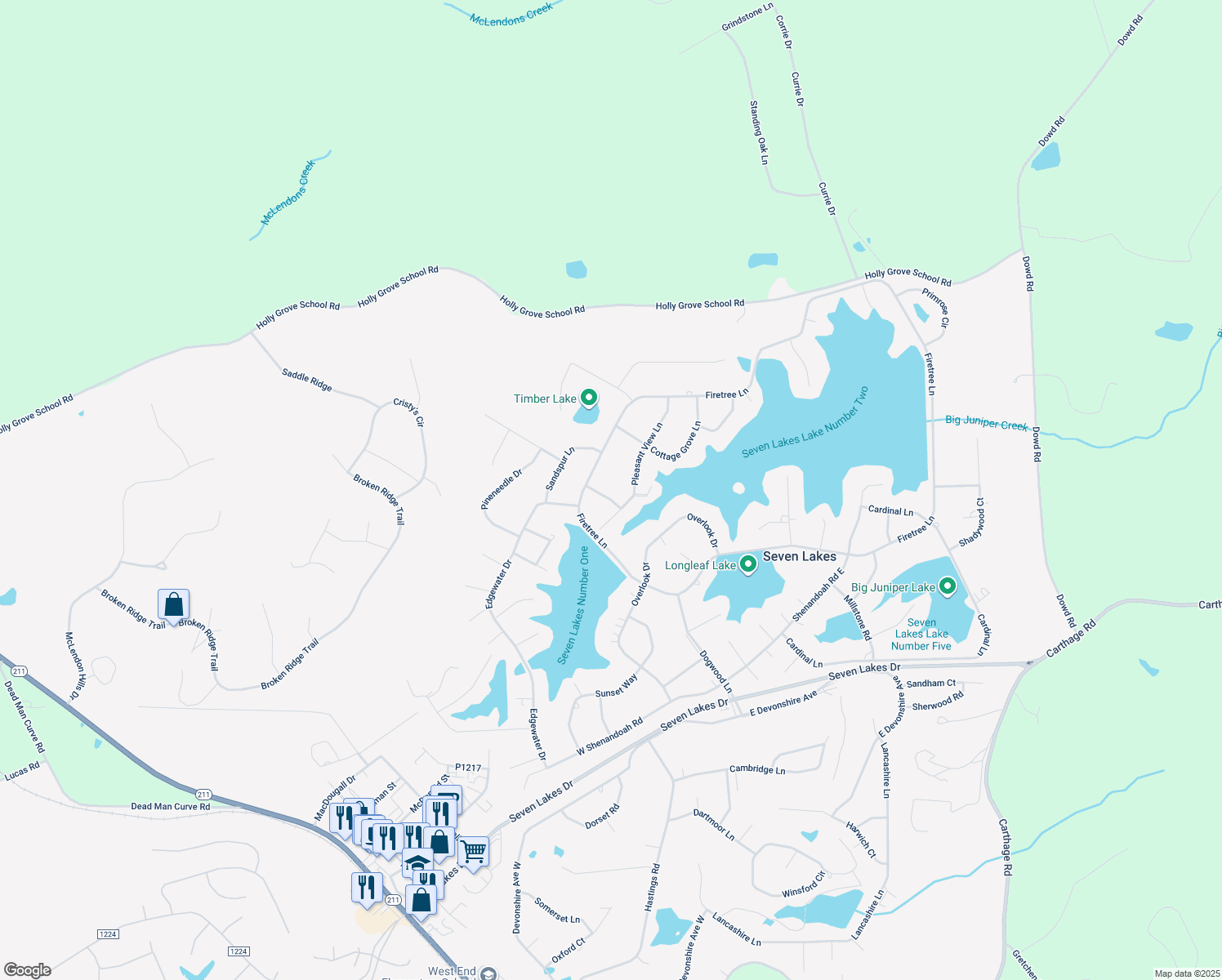 map of restaurants, bars, coffee shops, grocery stores, and more near 109 Roundtree Road in Seven Lakes