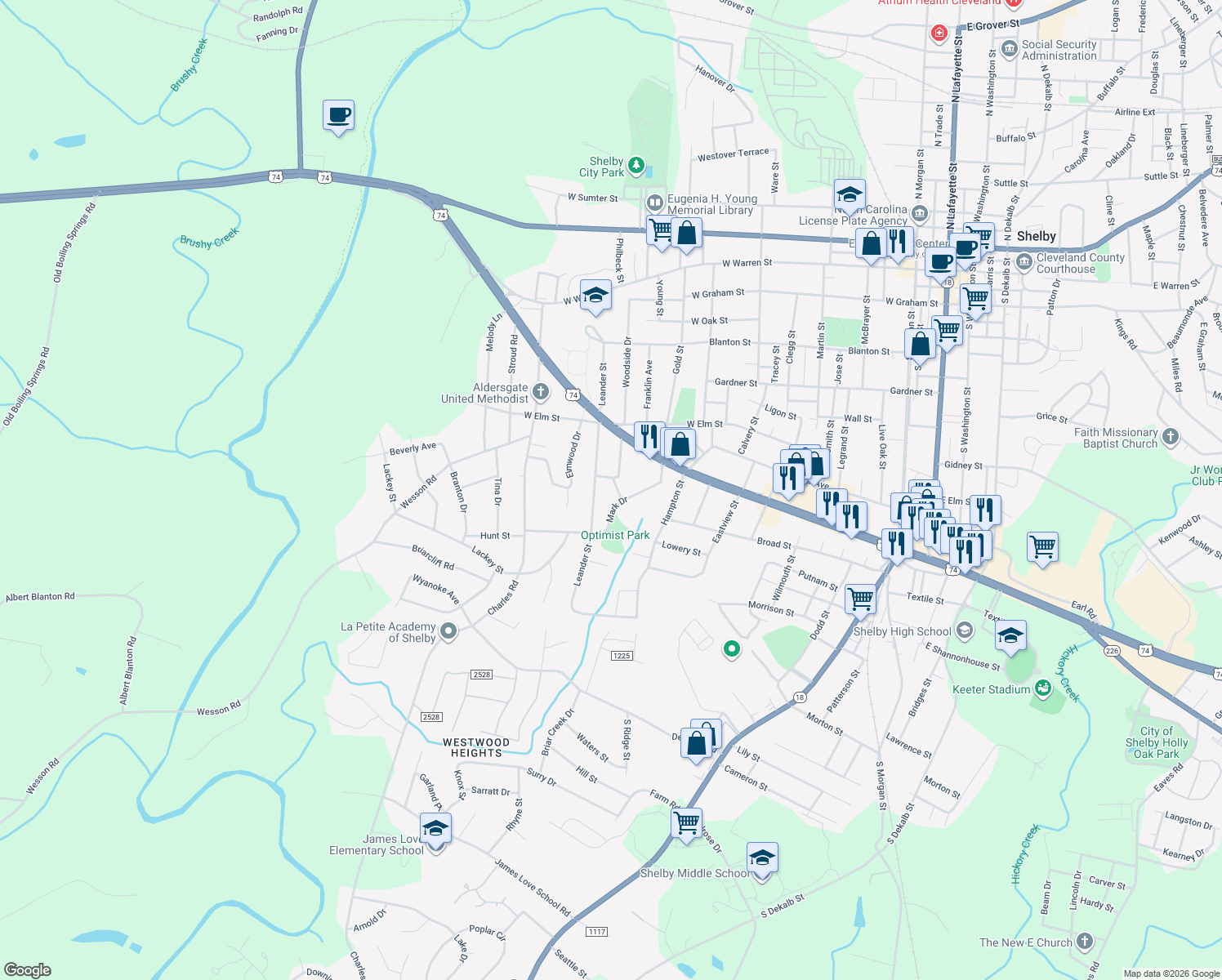 map of restaurants, bars, coffee shops, grocery stores, and more near 804 Dixon Street in Shelby