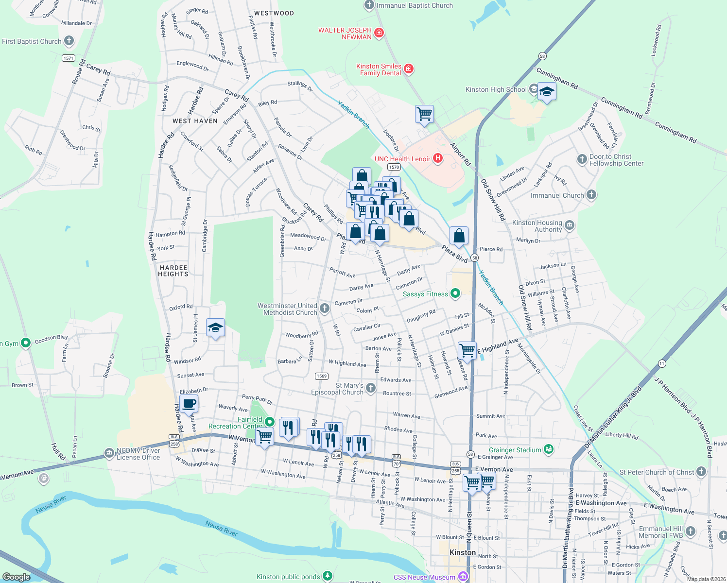 map of restaurants, bars, coffee shops, grocery stores, and more near 802 Darby Ave in Kinston