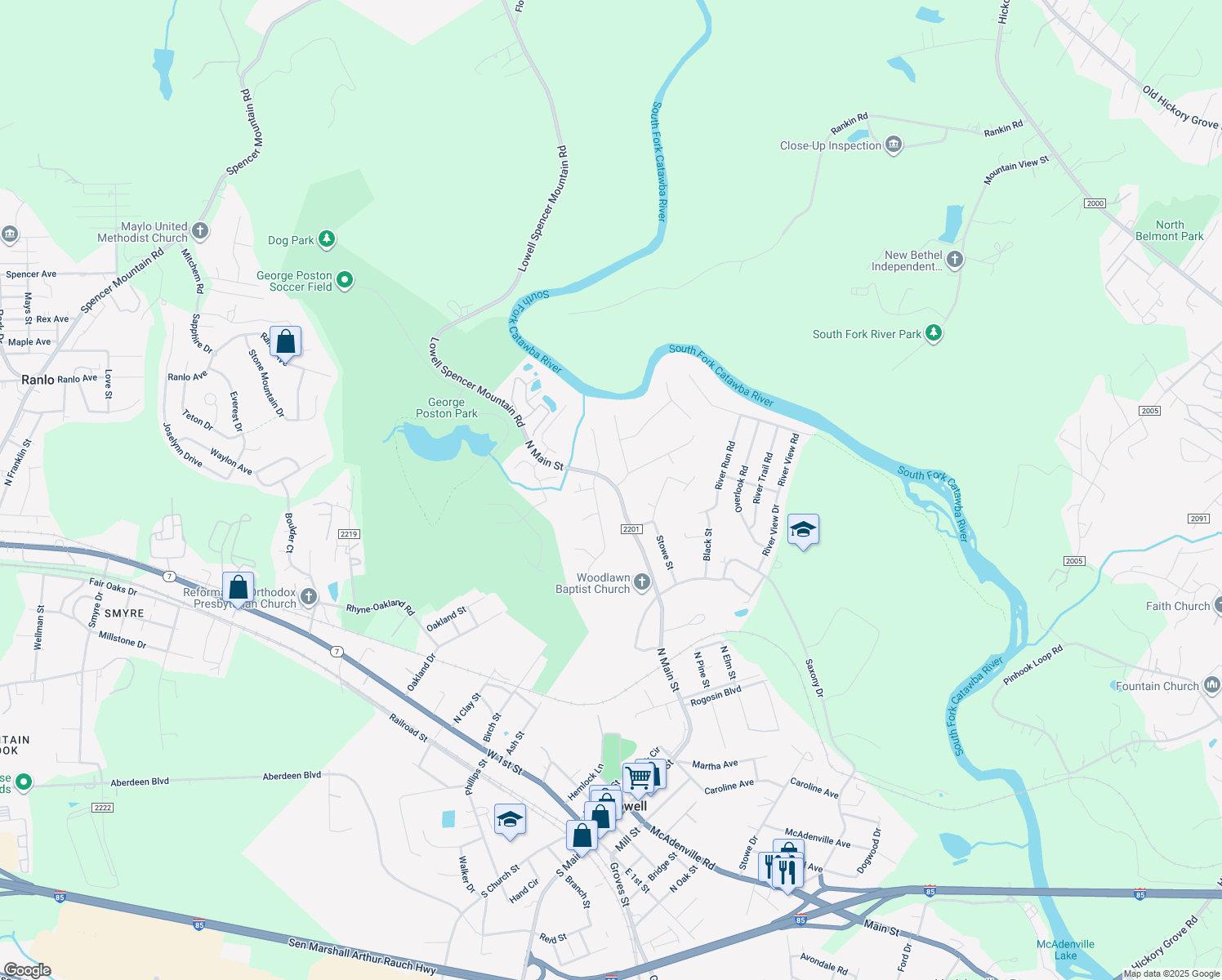 map of restaurants, bars, coffee shops, grocery stores, and more near 1319 N Main St in Lowell