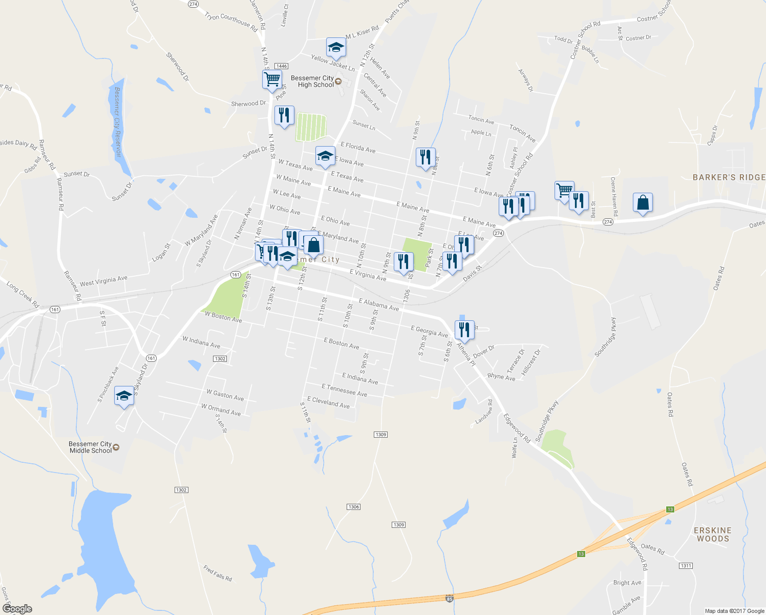 map of restaurants, bars, coffee shops, grocery stores, and more near 404 East Alabama Avenue in Bessemer City