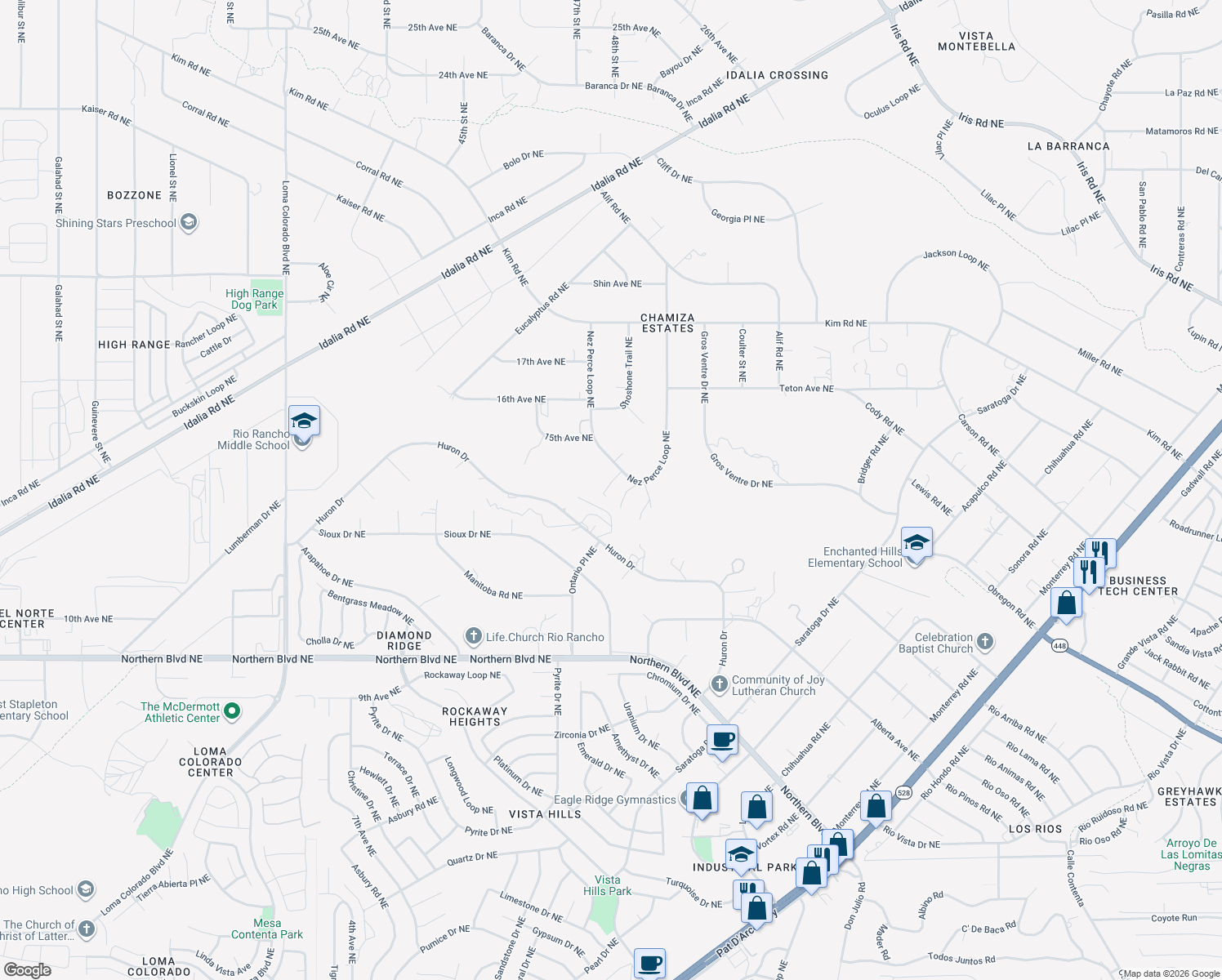 map of restaurants, bars, coffee shops, grocery stores, and more near 1460 Nez Perce Loop Northeast in Rio Rancho