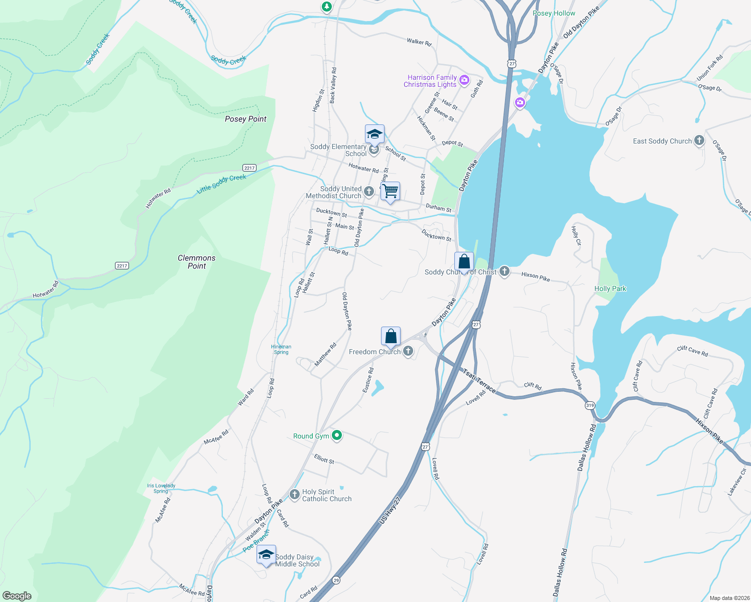 map of restaurants, bars, coffee shops, grocery stores, and more near 285 Brumlow Hollow Rd in Soddy-Daisy