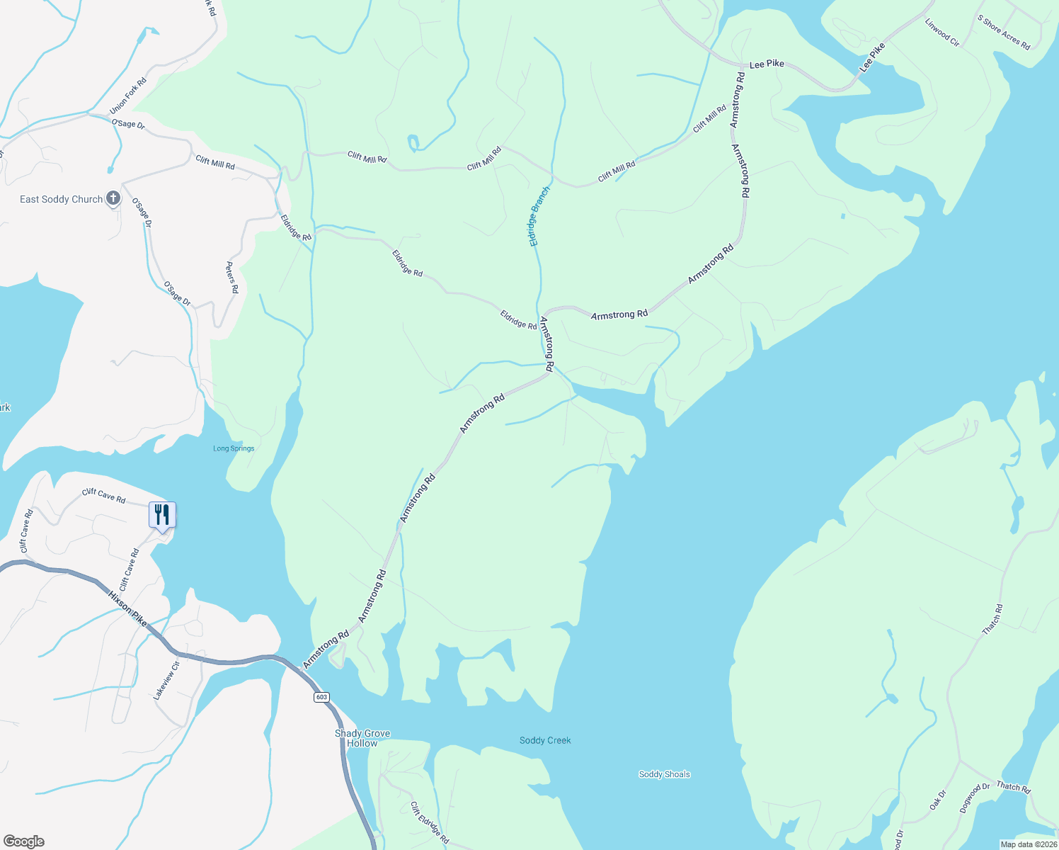 map of restaurants, bars, coffee shops, grocery stores, and more near 11656 Armstrong Road in Soddy-Daisy