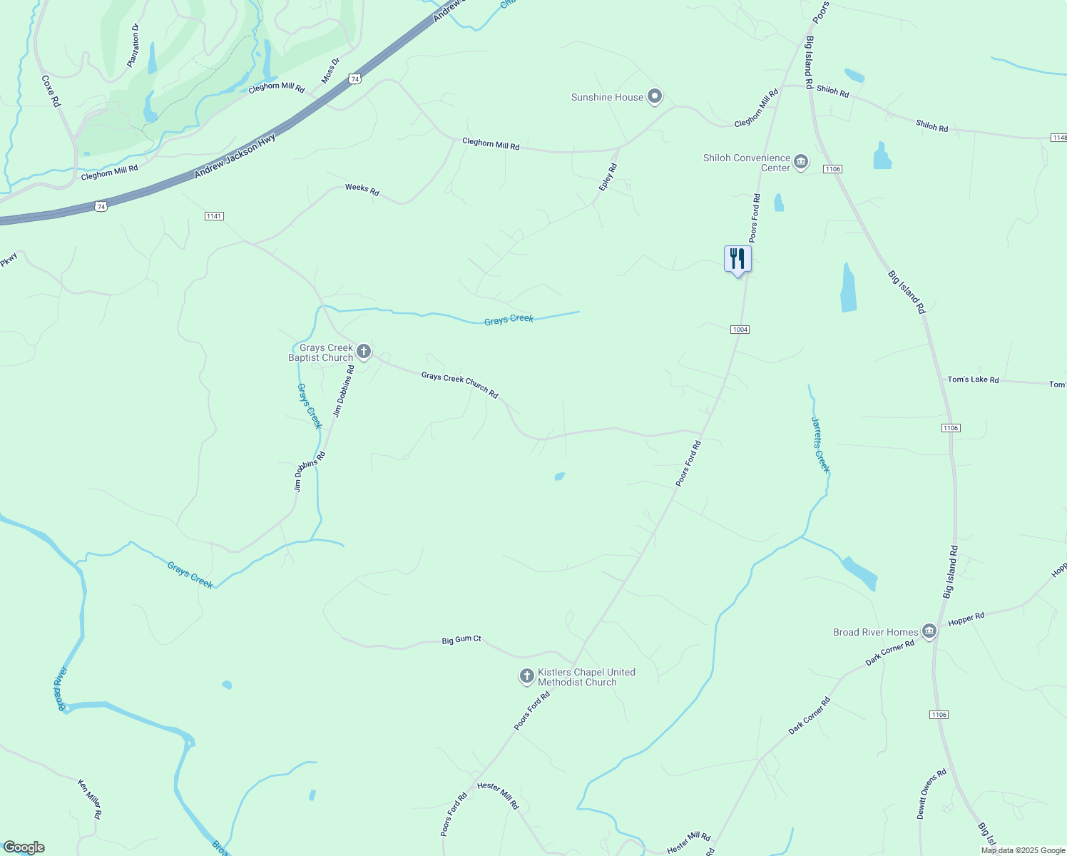 map of restaurants, bars, coffee shops, grocery stores, and more near 422 Grays Creek Church Road in Rutherfordton