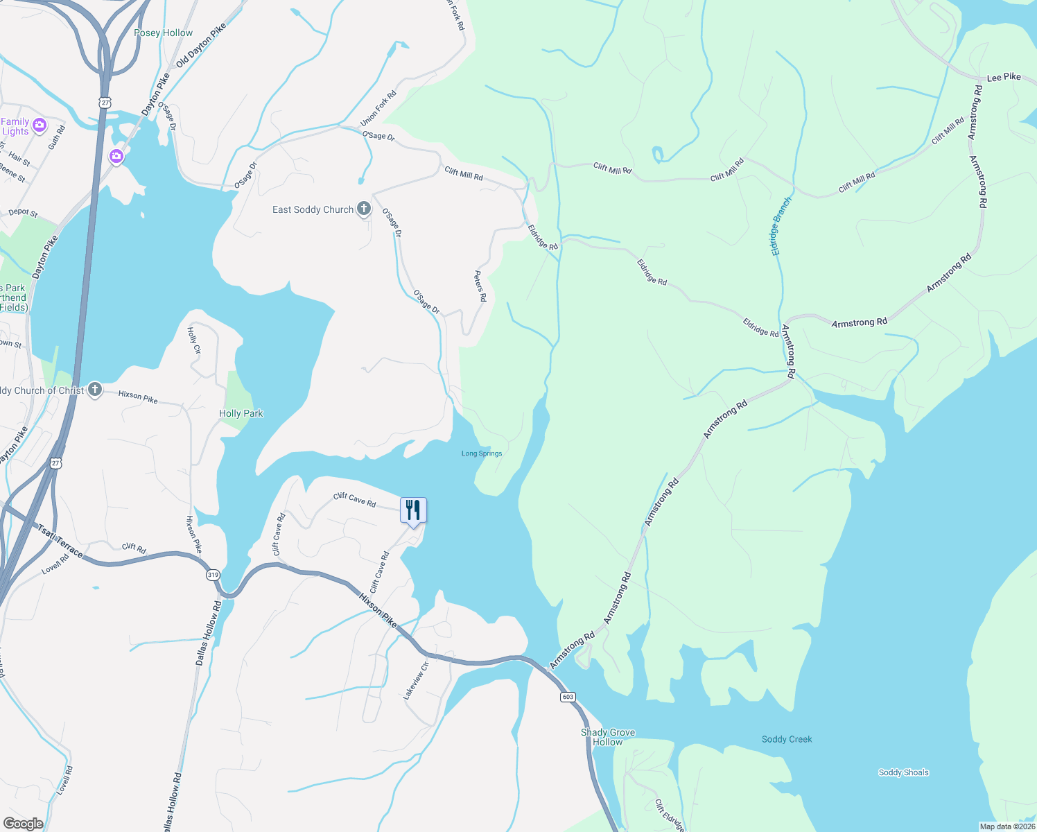 map of restaurants, bars, coffee shops, grocery stores, and more near 11651 Jacarilla Road in Soddy-Daisy